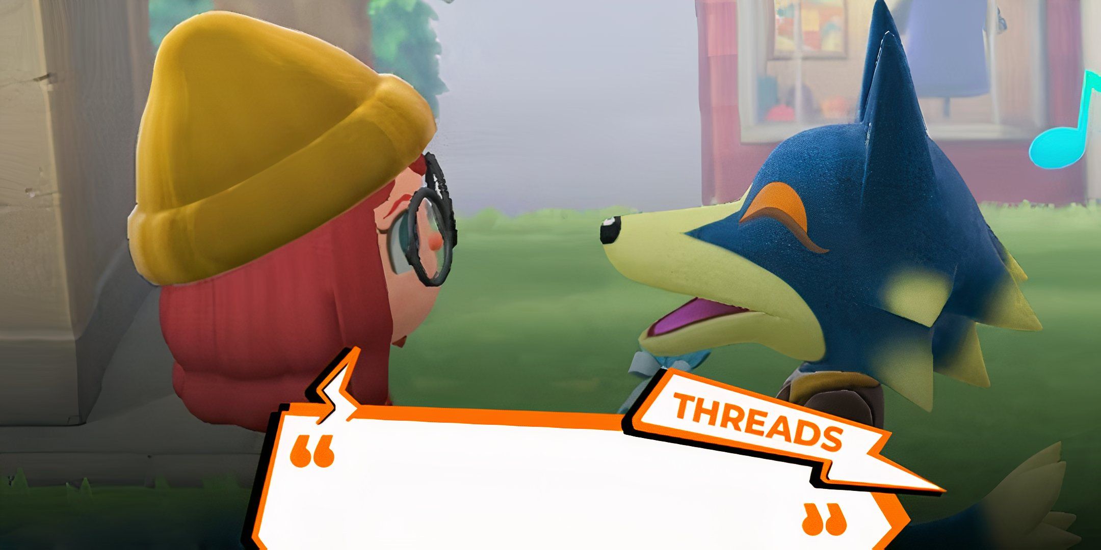 Wolfgang and a player in Animal Crossing New Horizons with the threads logo overlaid on top.