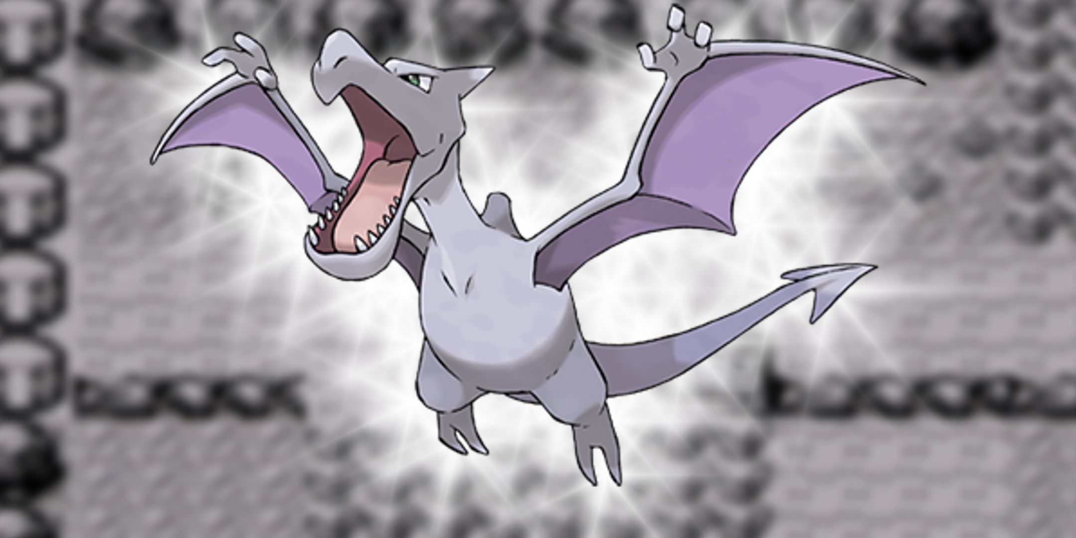 Ken Sugimori's artwork of Aerodactyl, the rock flying type which resembles a winged pterosaur.
