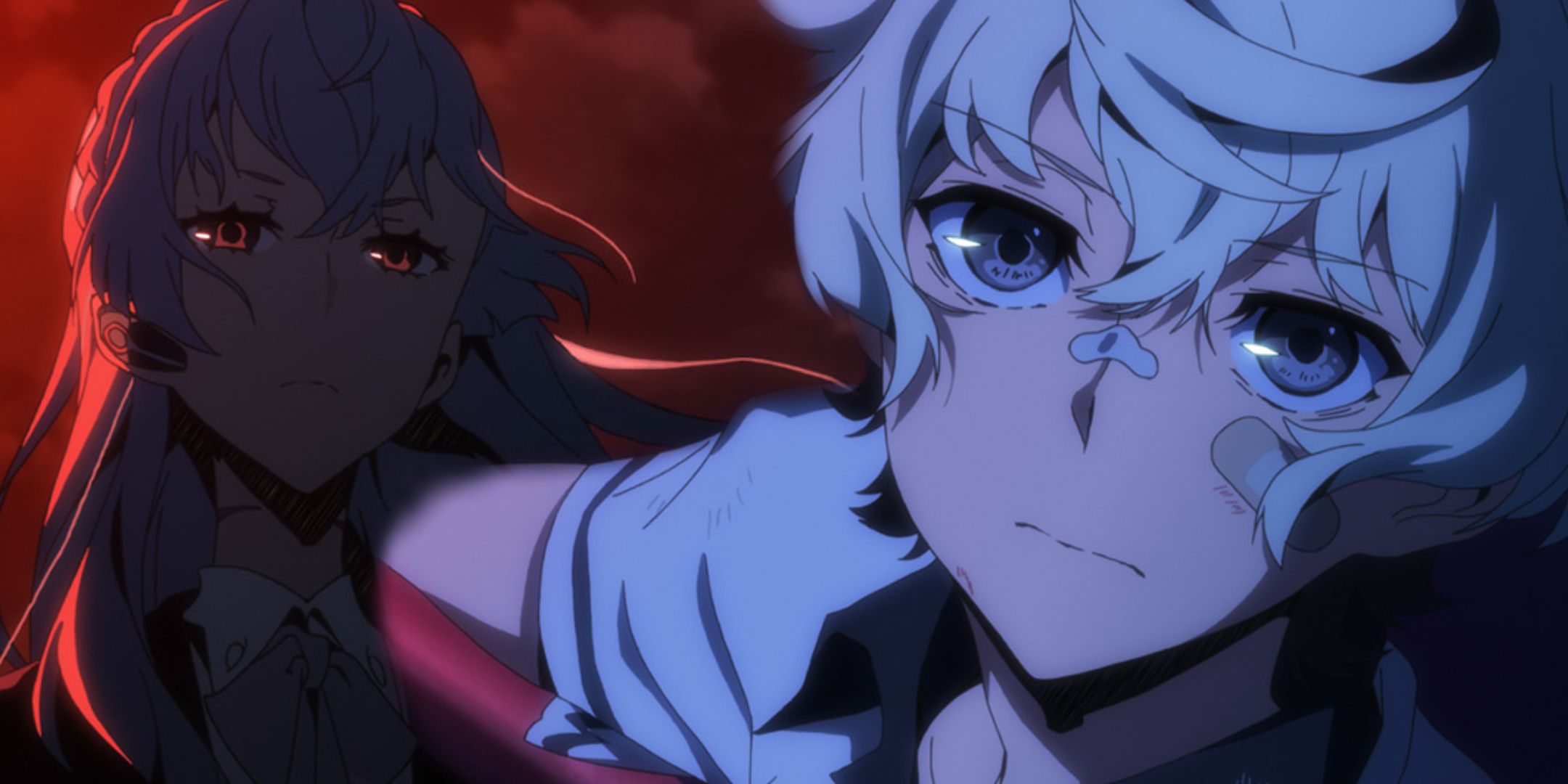 An anime boy with white hair has a concerned look on his face, and a woman with white hair stands under a deep red sky.