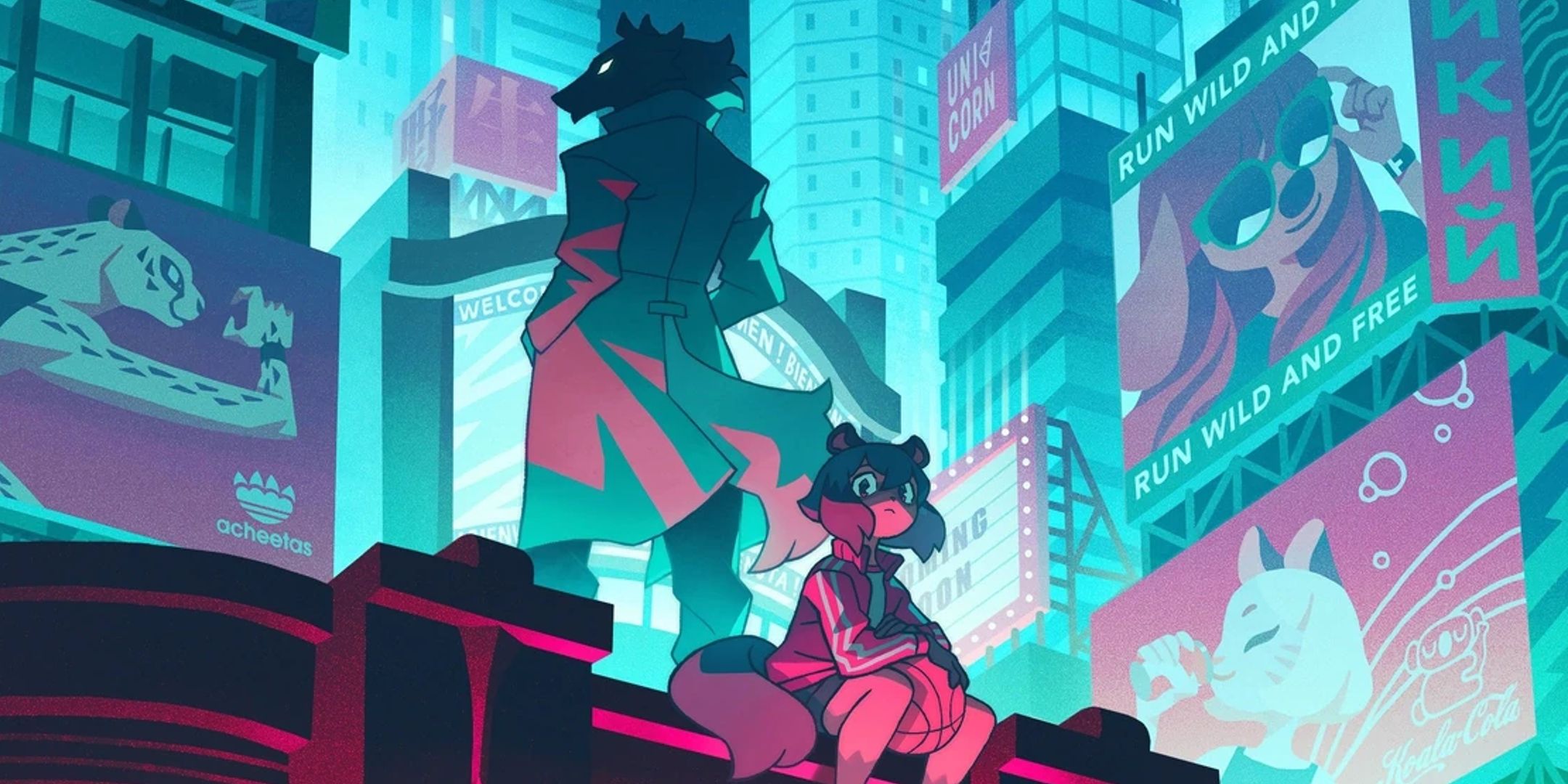 An anime girl with a tail and fluffy ears sits on a rooftop with a wolf man in a bright, neon city.