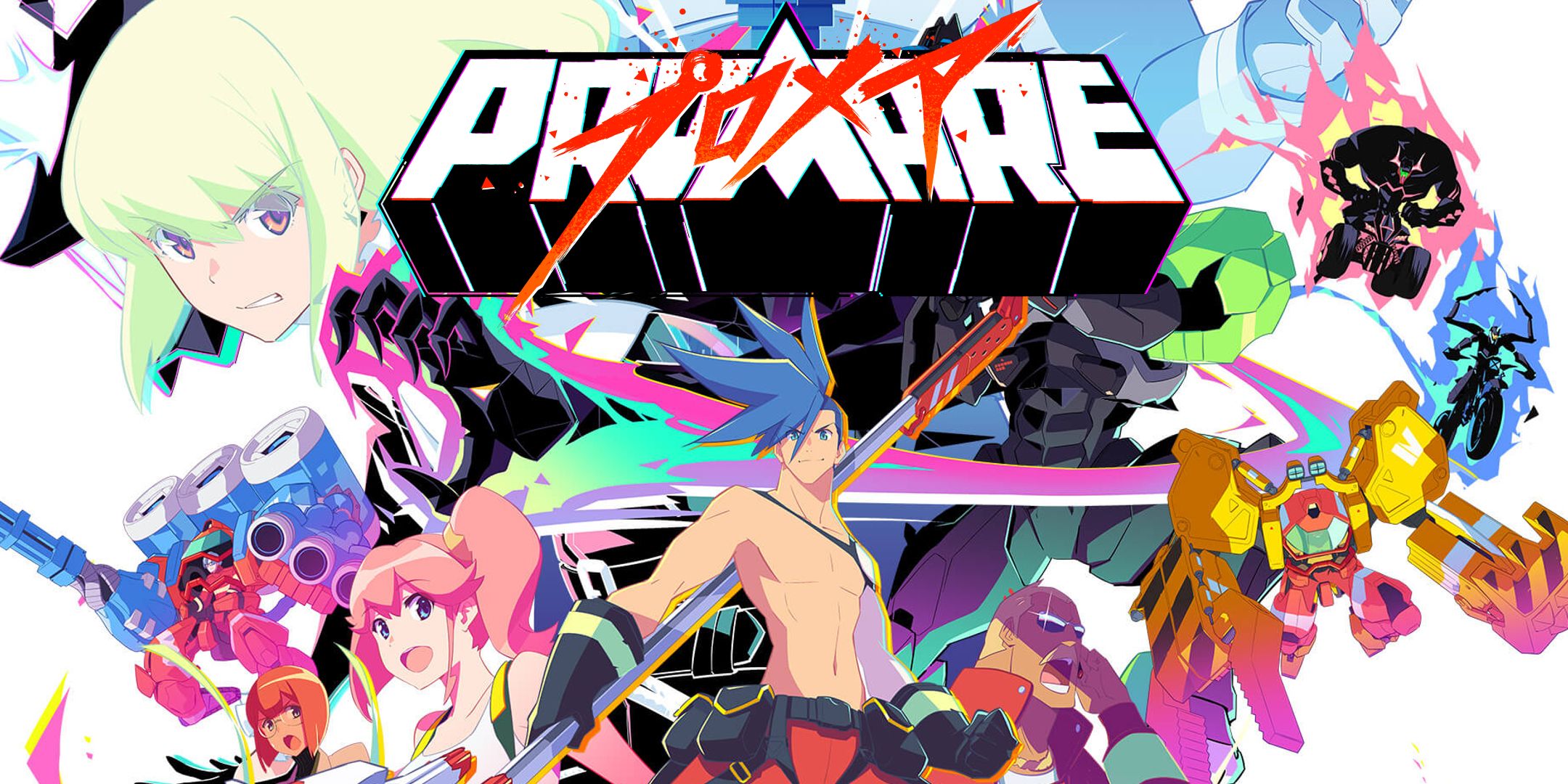 Various colorful anime characters are posed below a bright bold logo.