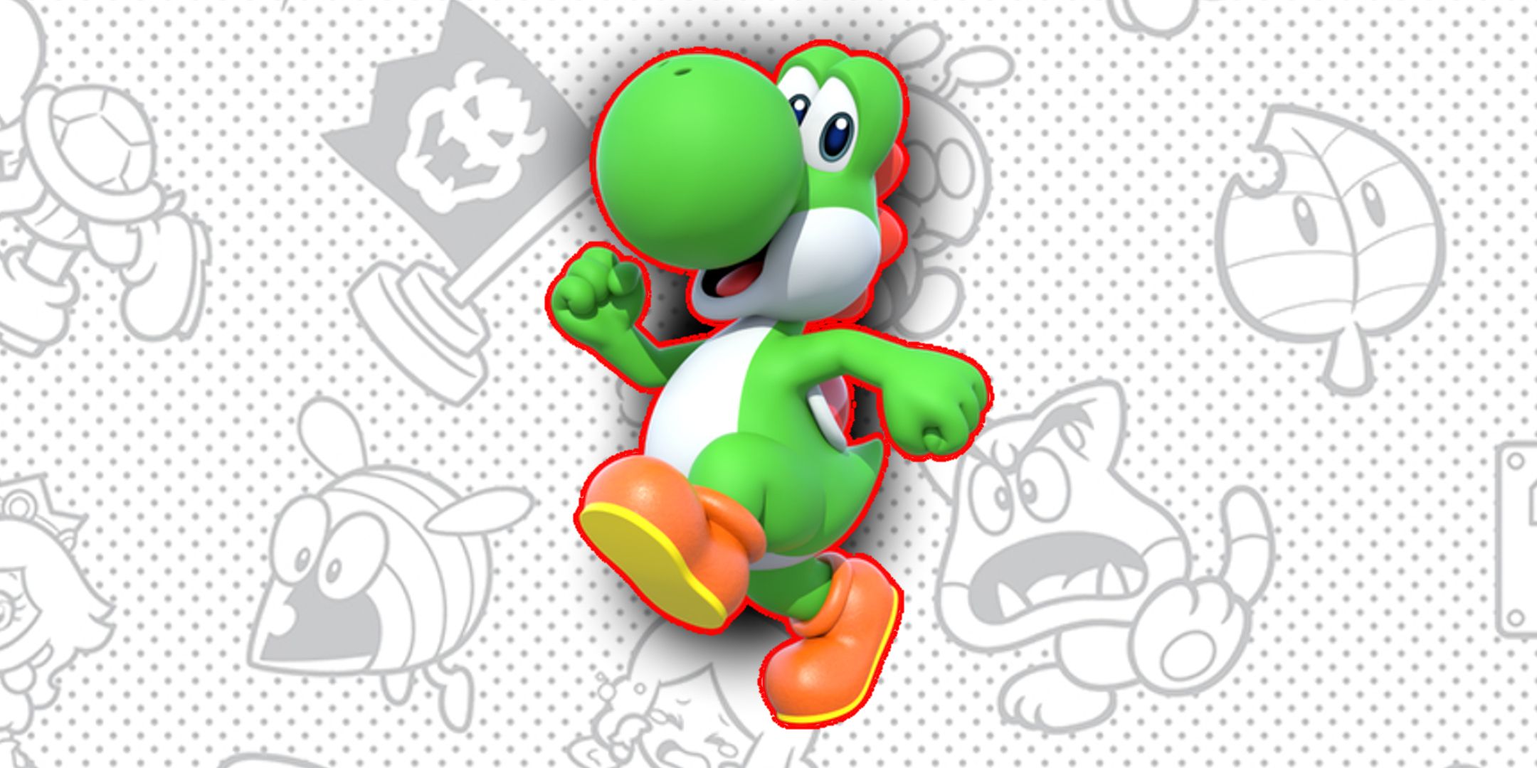 Yoshi from Super Mario happily walks foreword in front of a white background featuring line art of various Mario items, enemies, and icons. 