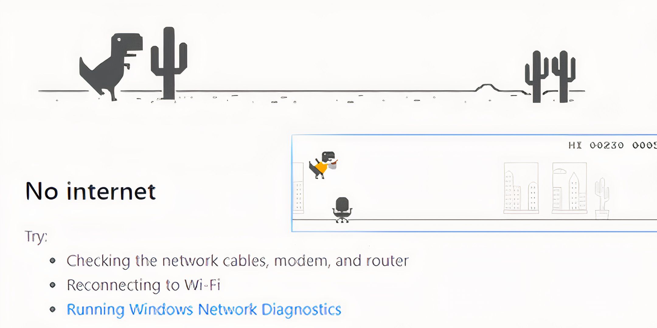 An image showing the iconic 'No Internet' chrome game where a pixelated tyrannosaurus runs through a desert. Off to the side, a version of the game where the T-Rex is holding a coffee cup and running through an office building is shown.