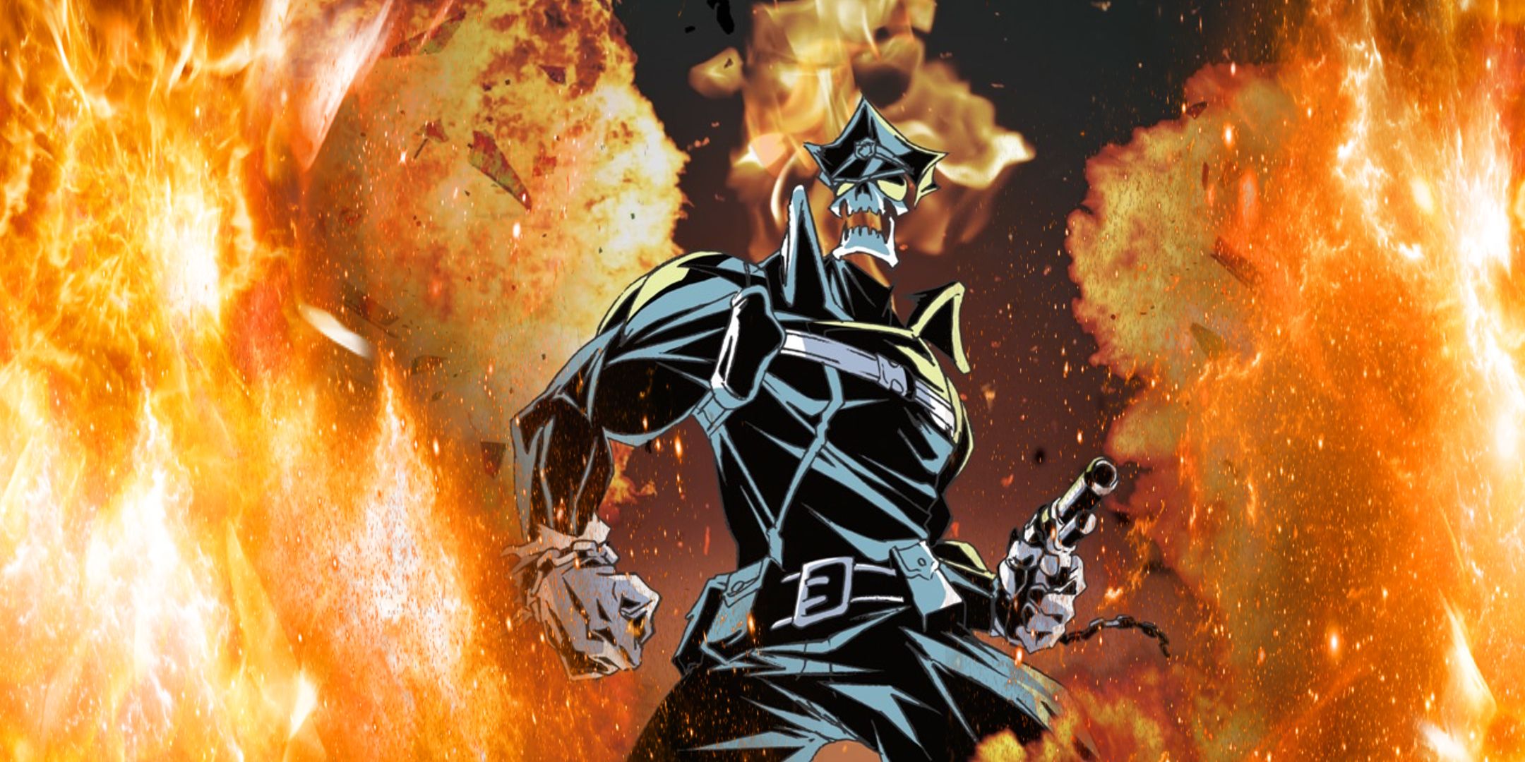A skeleton police officer holds a gun surrounded by flames.