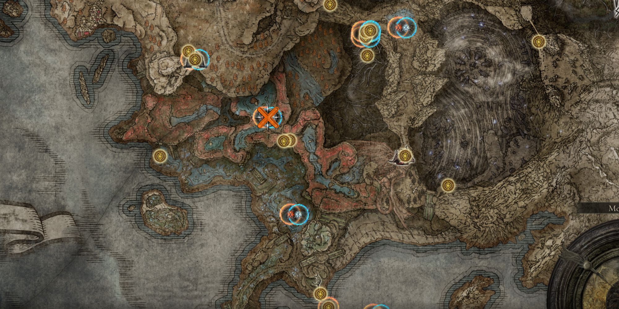 A mark on the map showing the location of a Death Rite Bird in Charo's Hidden Grave - Elden Ring Shadow of the Erdtree