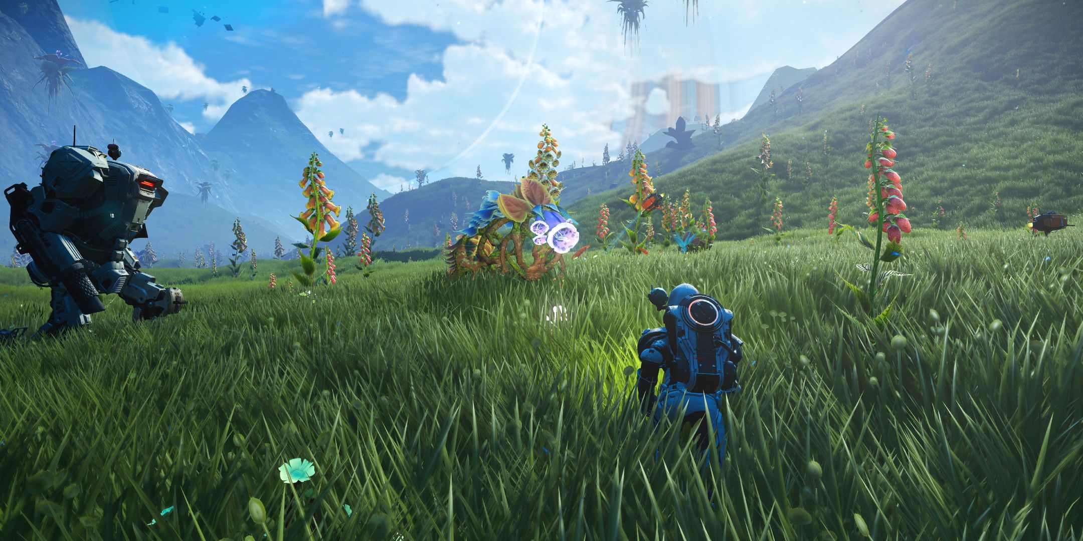 A person in a spacesuit running across a green field full of plantlife and robots