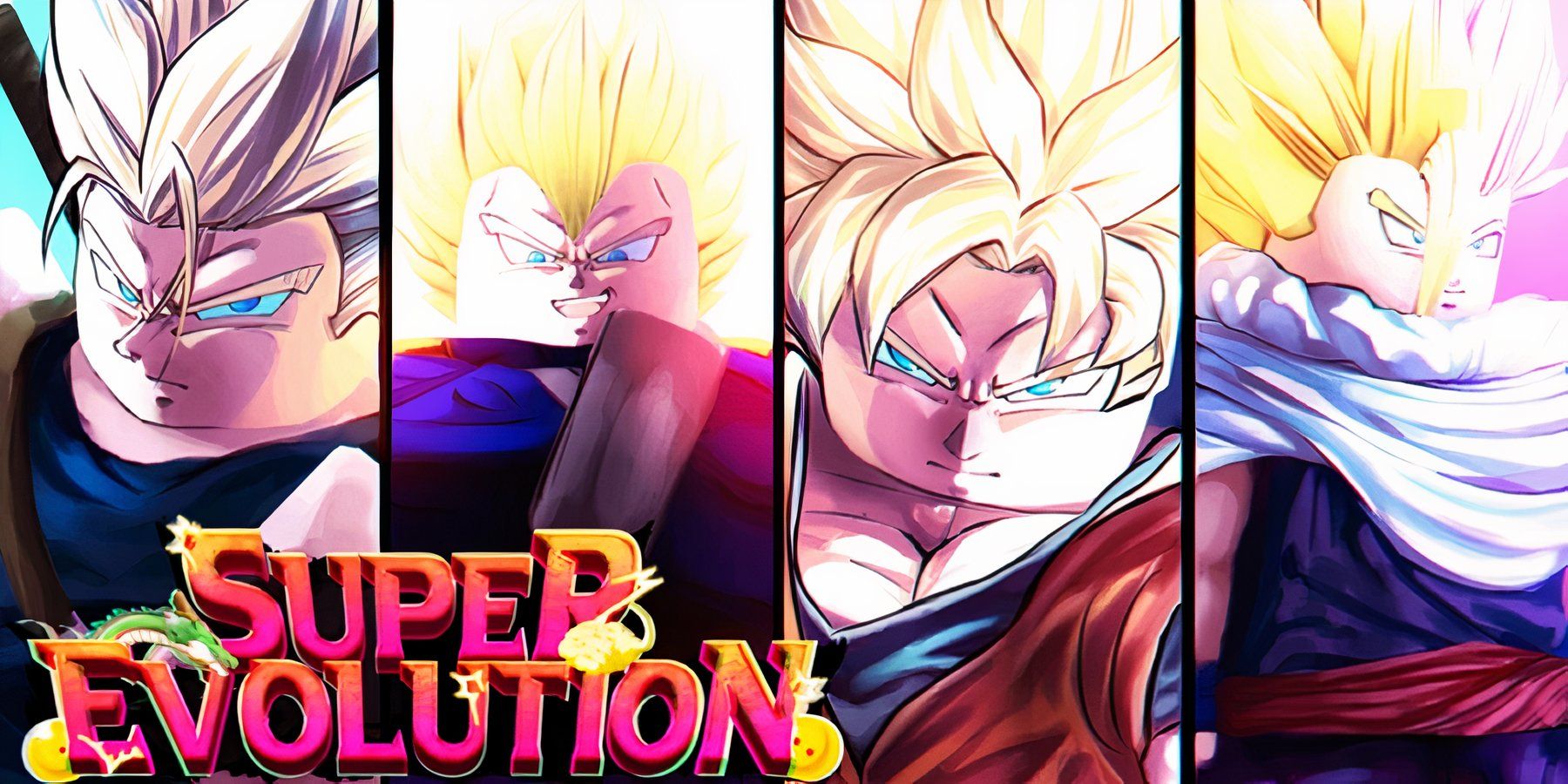 all the main characters of Dragon Ball in Super Evolution (Goku, Vegata, Trunks, Gohan).