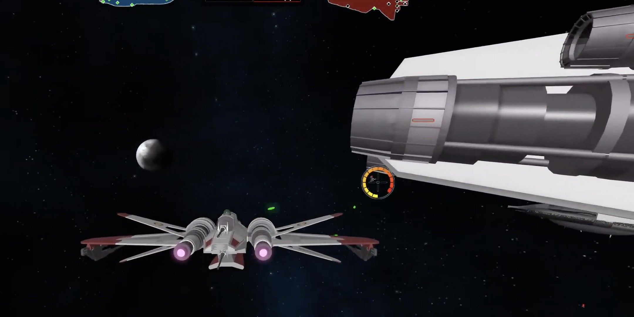 An X-Wing ship targeting another ship further away and a larger ship hanging overhead