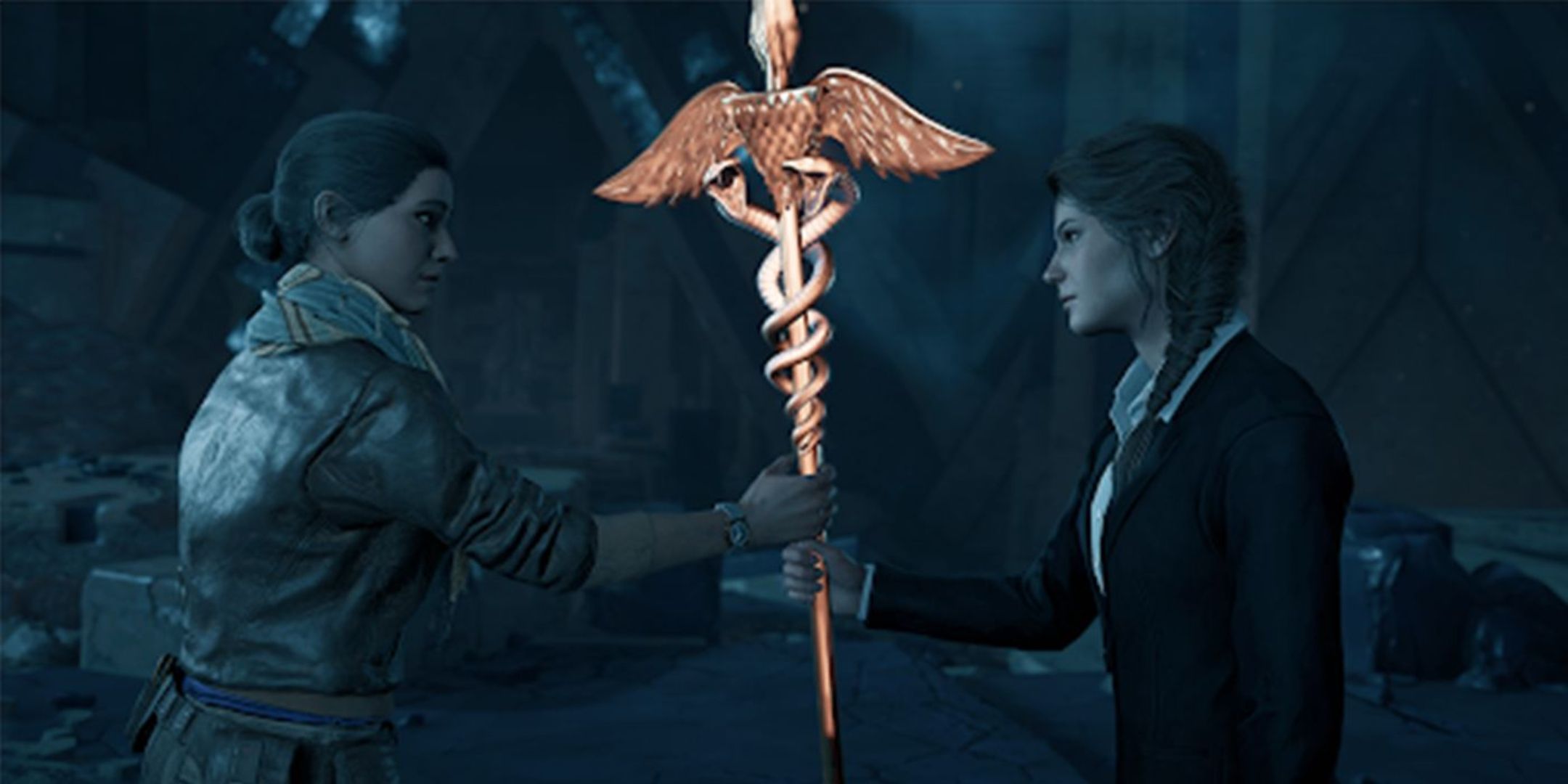 Assassin's Creed Odyssey Kassandra Handing Staff To Layla