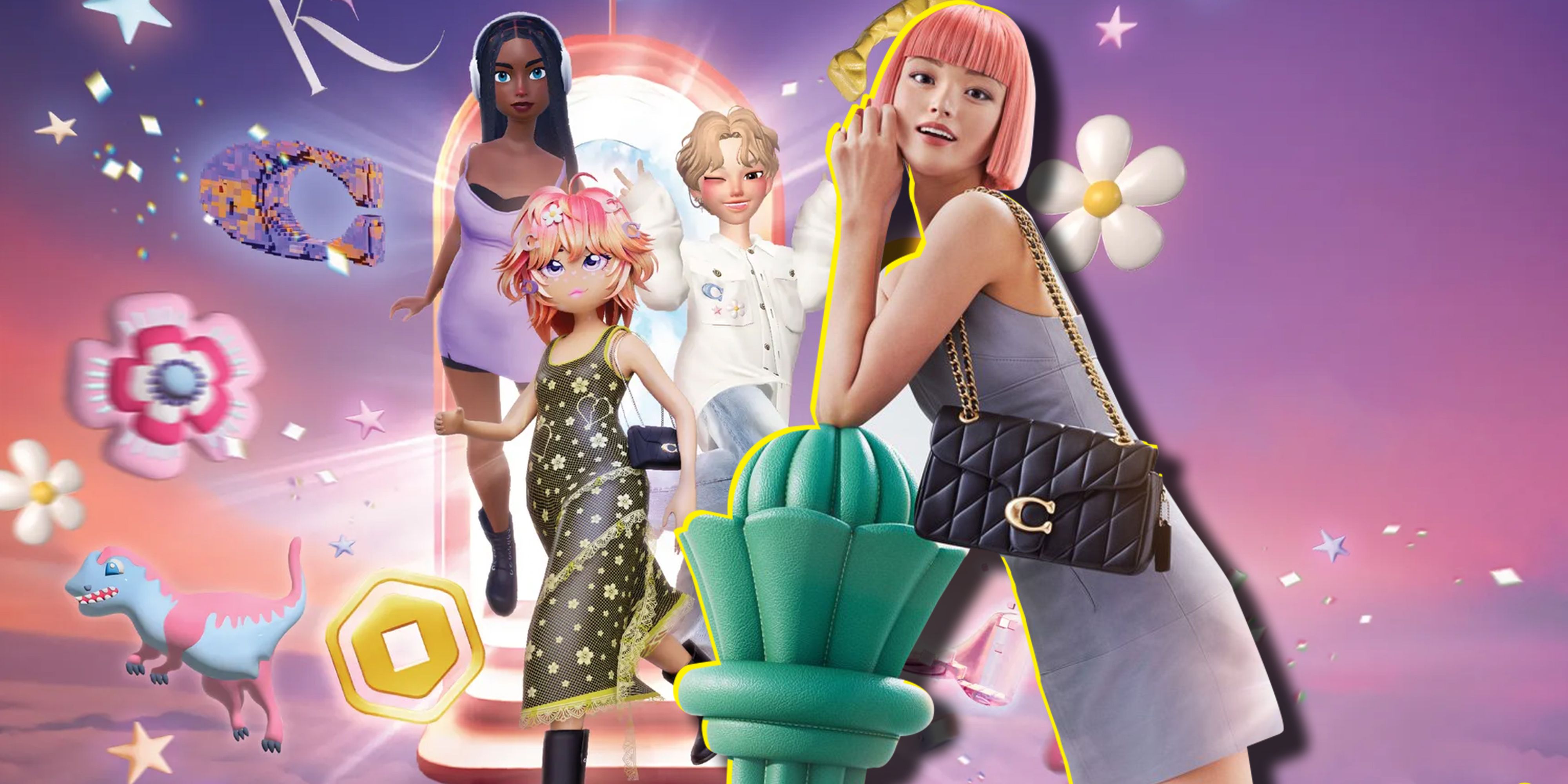 Characters from Zepeto and Imma from Coach's Find Your Courage campaign on a pastel background.