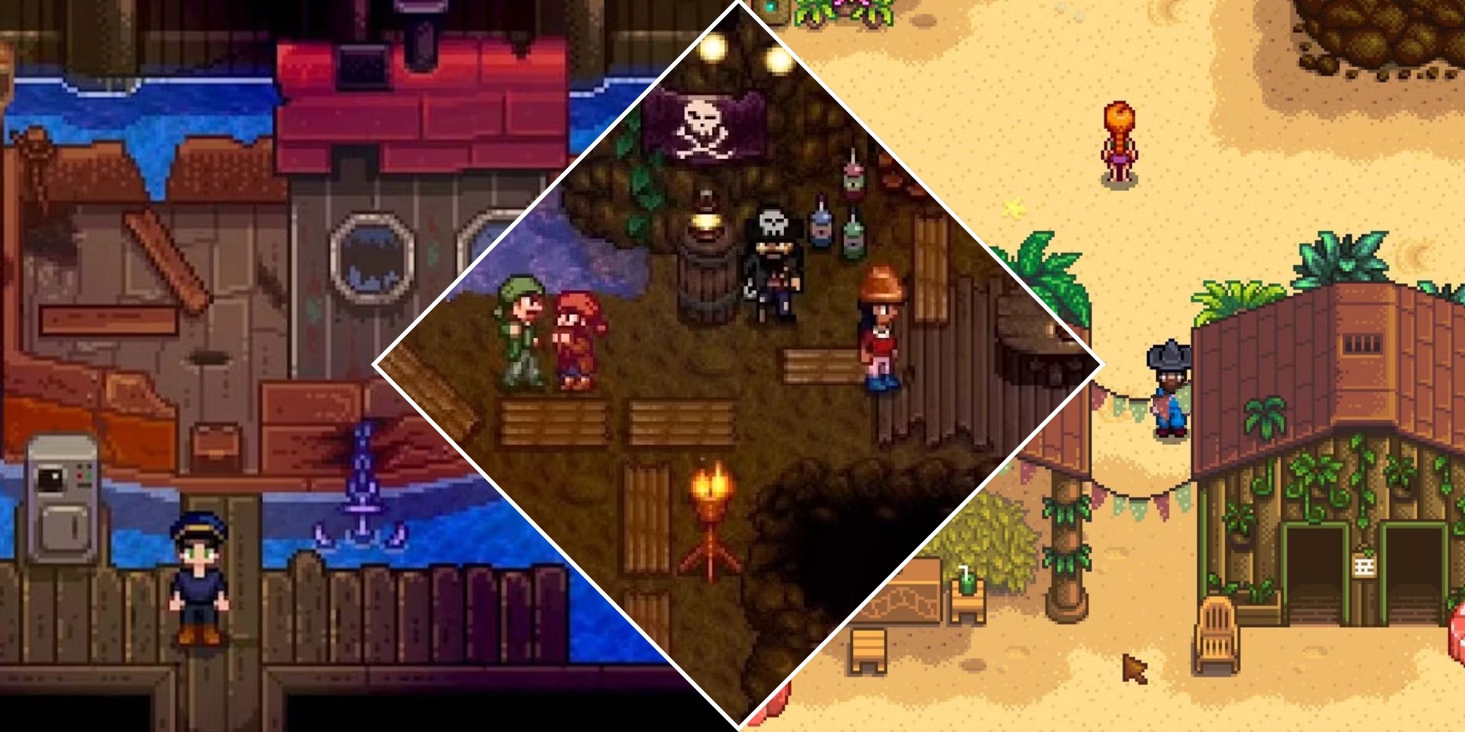 Collage image featuring a boat dock, island bungalos, and the pirate cove from Stardew Valley