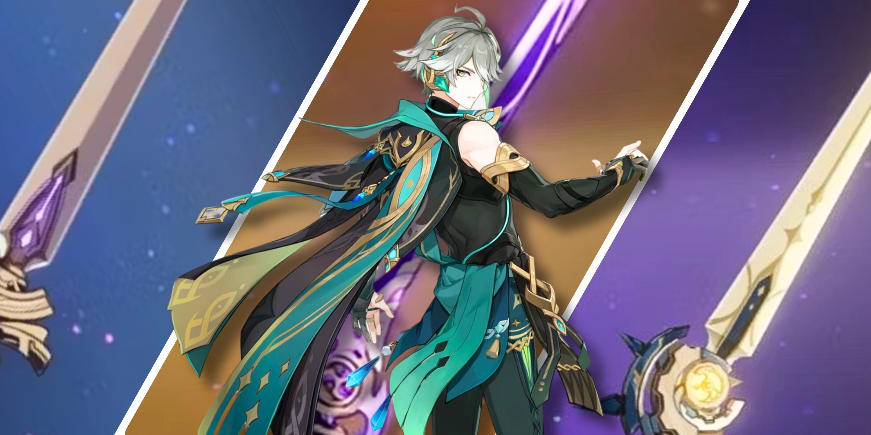 Collage image featuring three swords and character Alhaitham posing from Genshin Impact