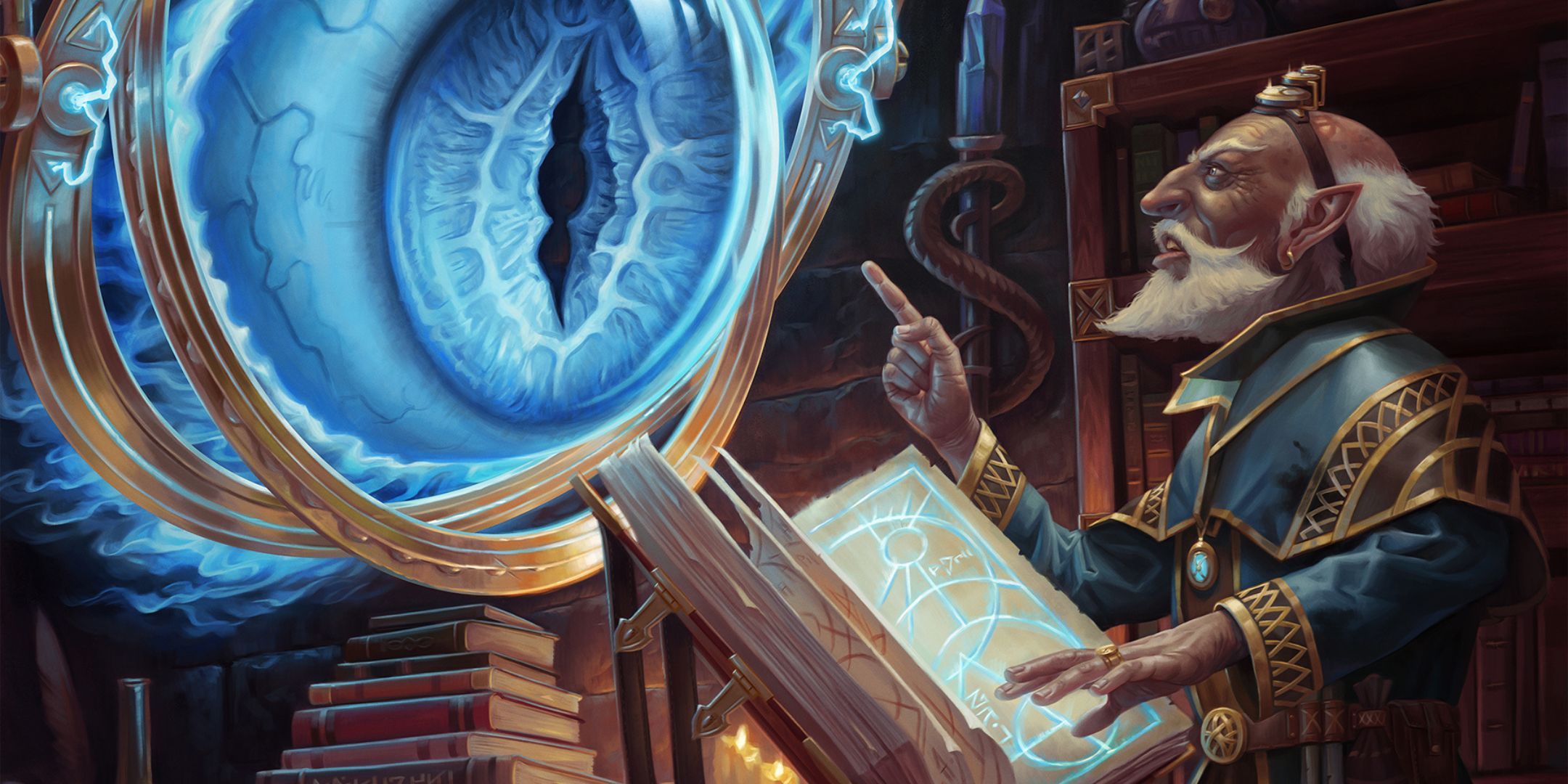 A gnome in front of a book argues with an eyeball