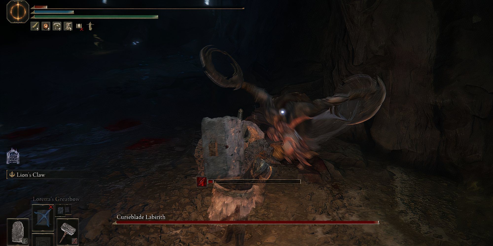 Curseblade Labirith is blurred with quick motion as it fights the Tarnished. 