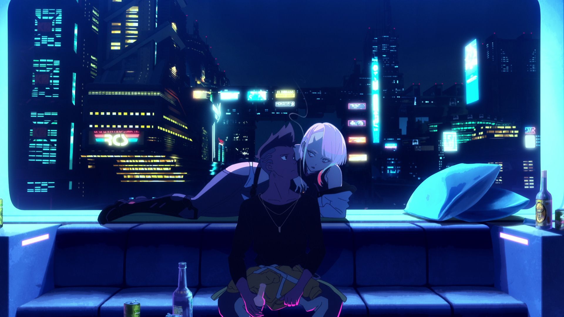 Cyberpunk Edgerunners - Lucy and David on the sofa in their apartment