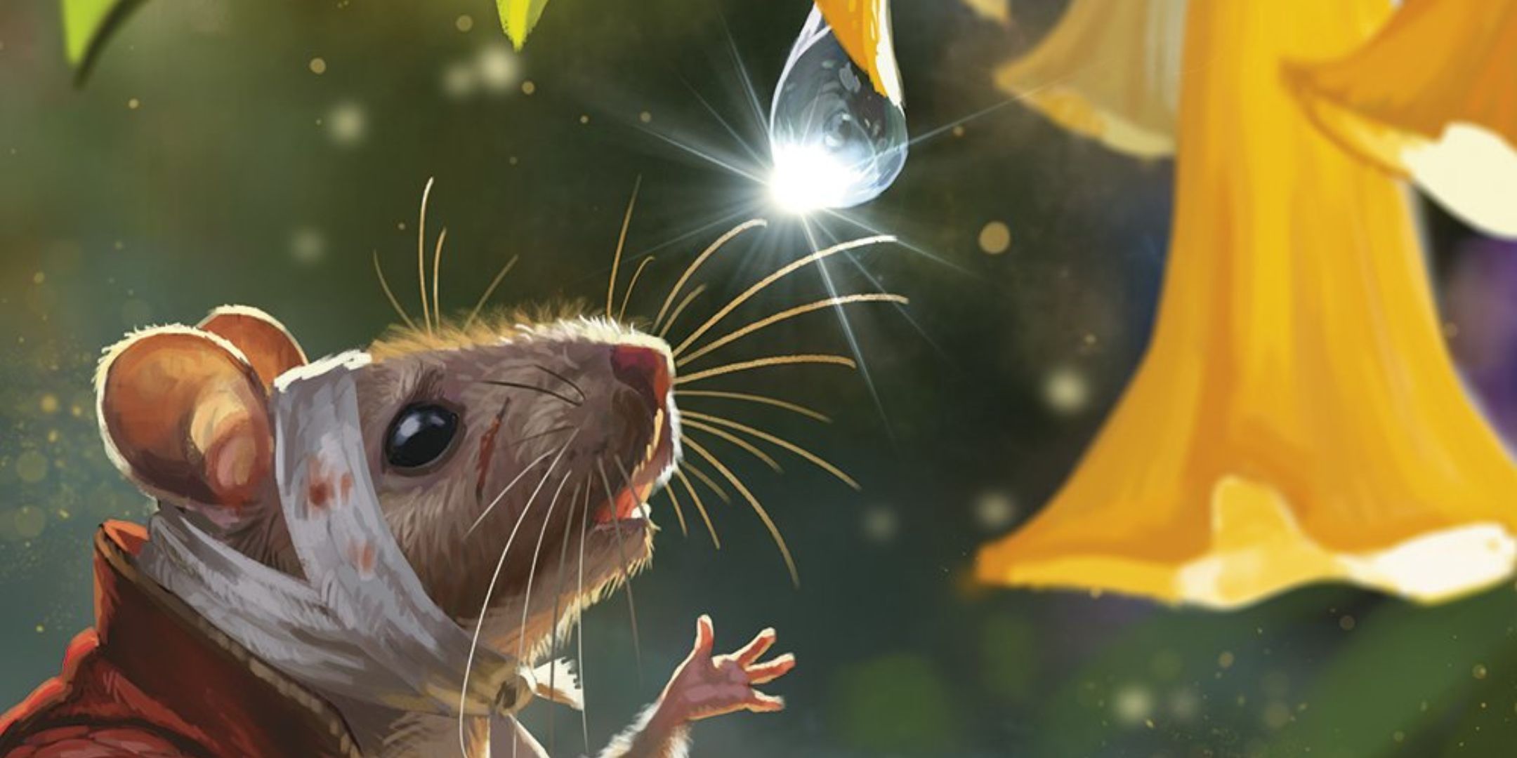 An injured mouse grabs for a dewdrop