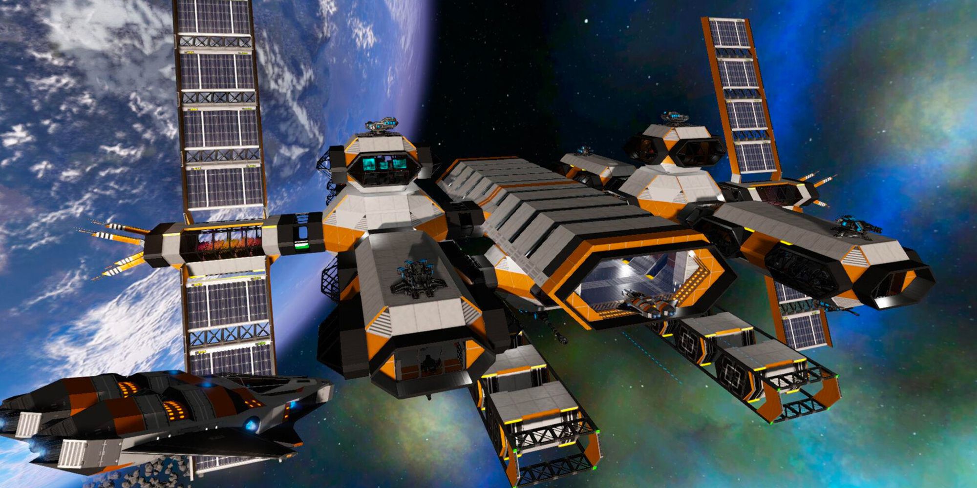 A white, orange, gray, and black spacecraft where smaller ships can land.