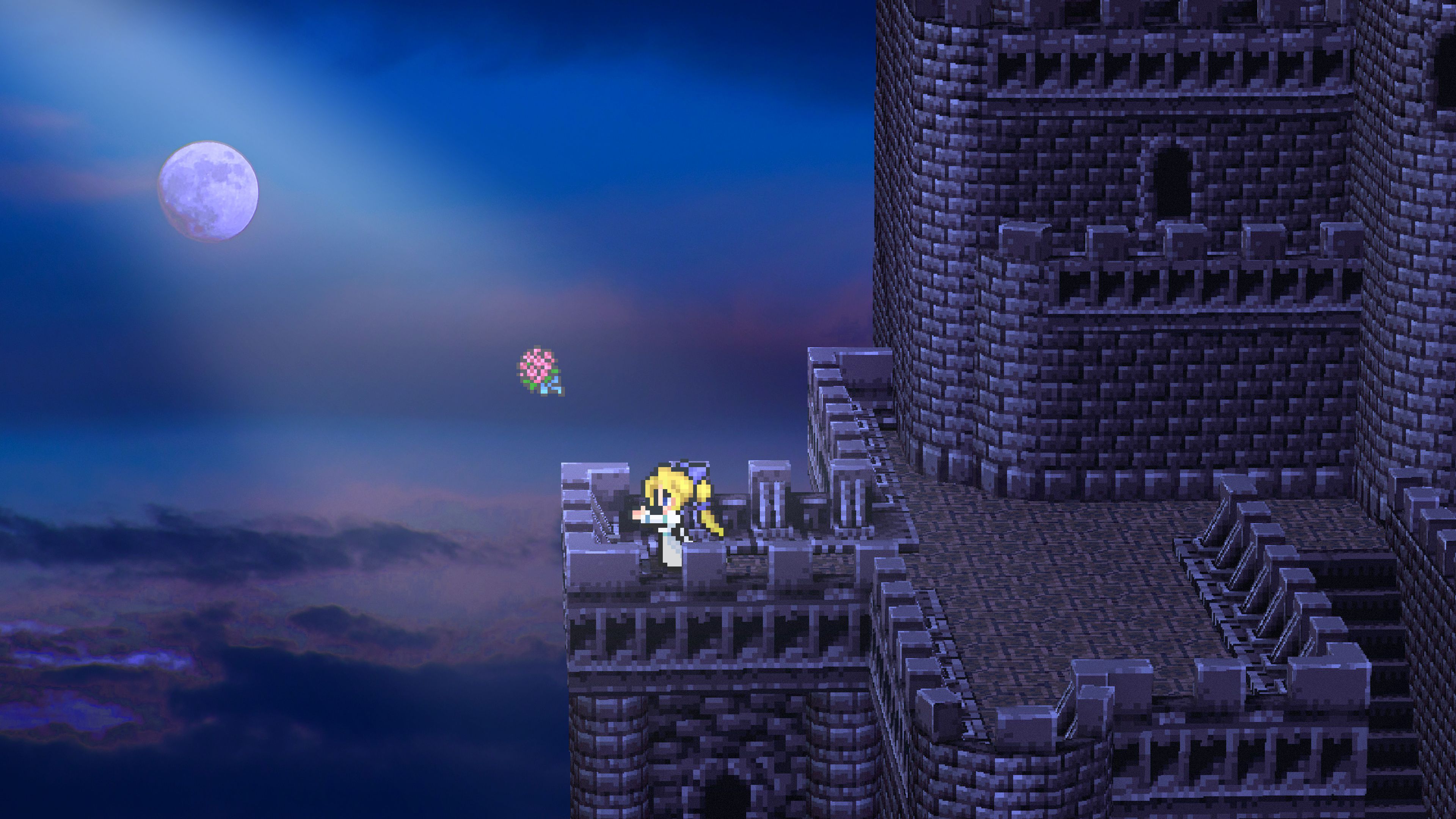 A character from Final Fantasy 6 standing on a balcony in the moonlight. 