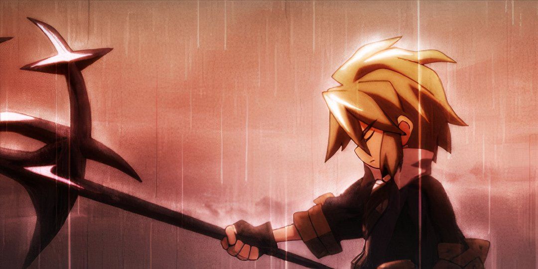 Giulo, the main character of Gungnir, holding a spear with his eyes closed in heavy rain.