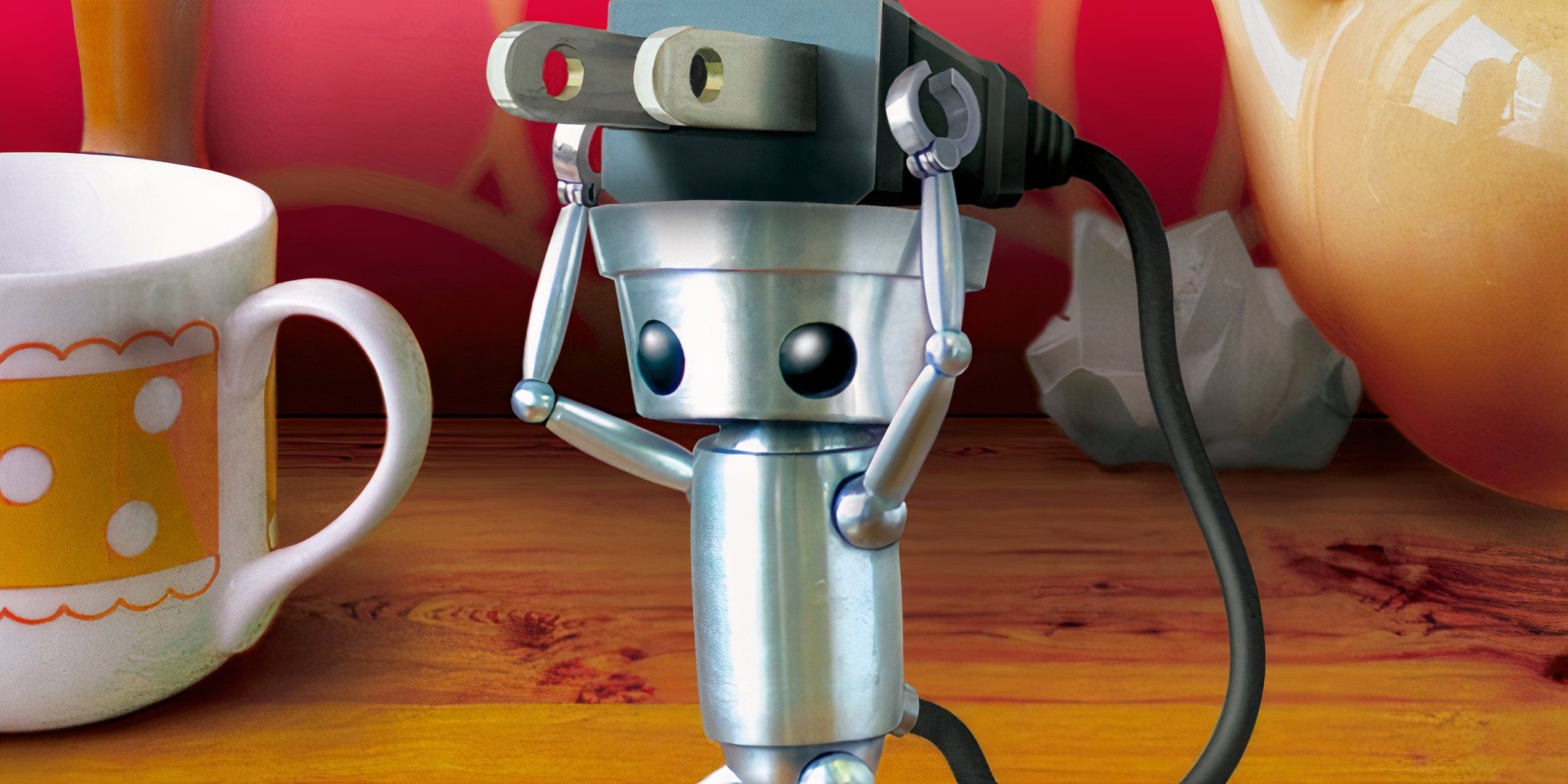 Chibi-Robo holding up a plug in front of ceramics.