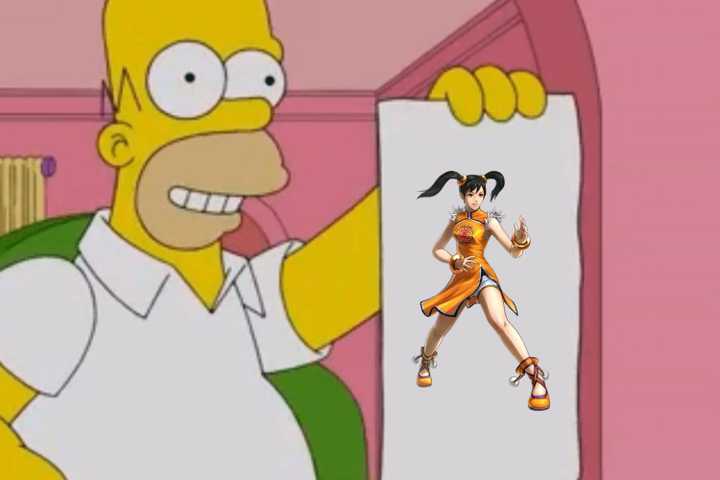 Homer Simpson holding a picture of Tekken's Xiaoyu
