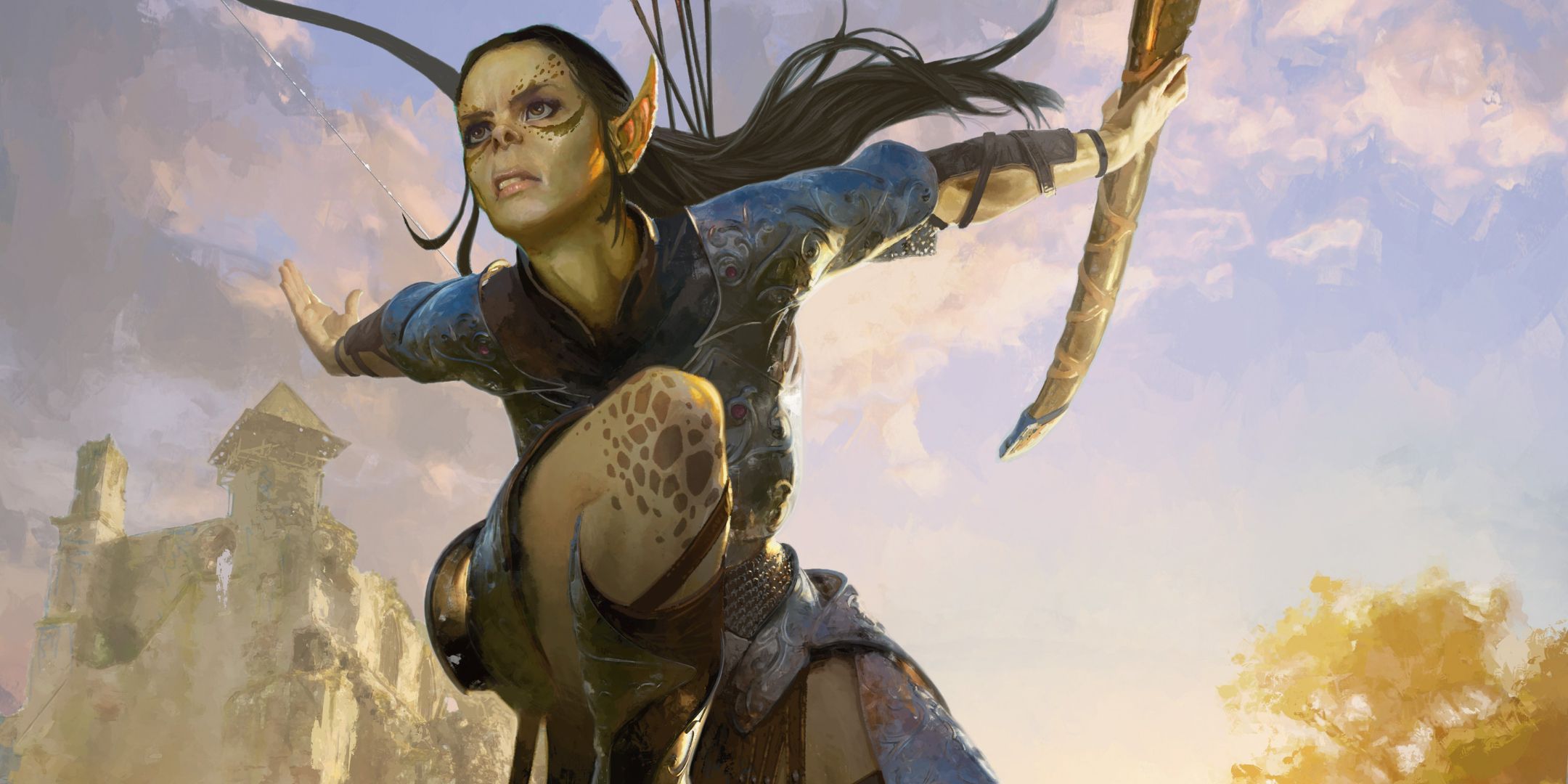 Lae'zel crouched with a sword and bow on her back