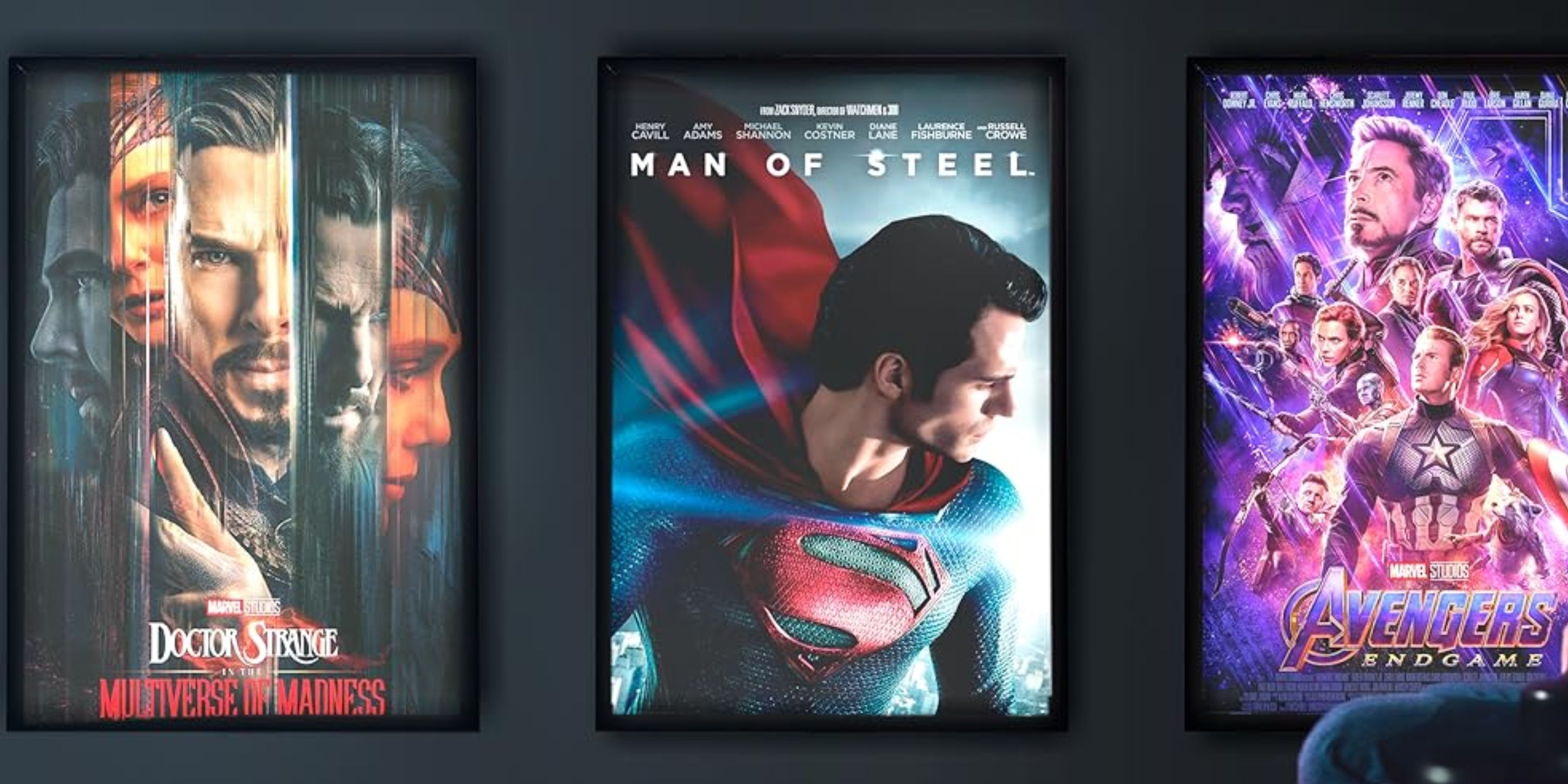 Image of Doctor Strange, Superman, and Avengers posters in LED frame