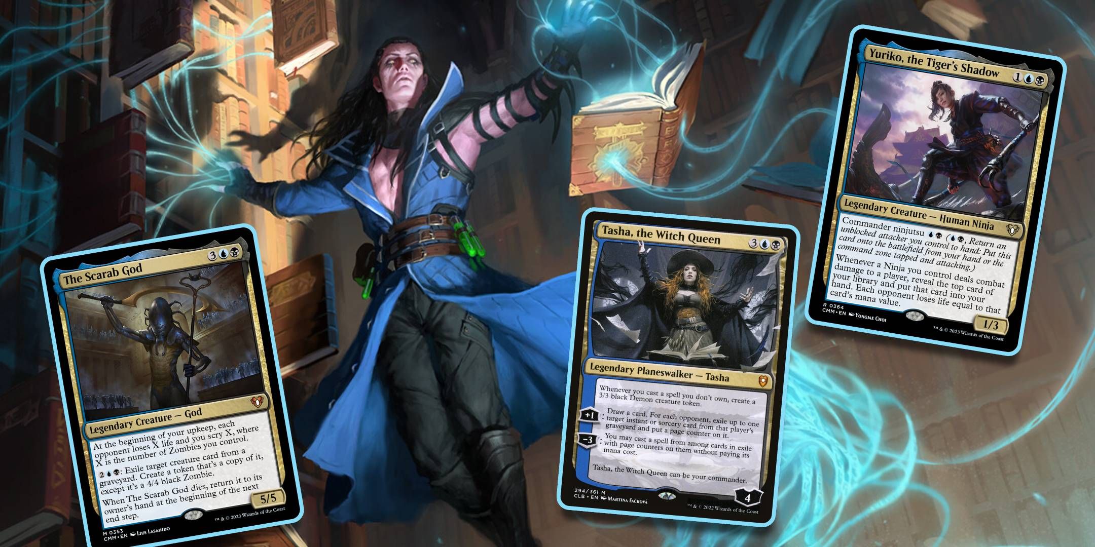 Magic the Gathering Best Dimir Commanders Yuriko, Tasha, and The Scarab God