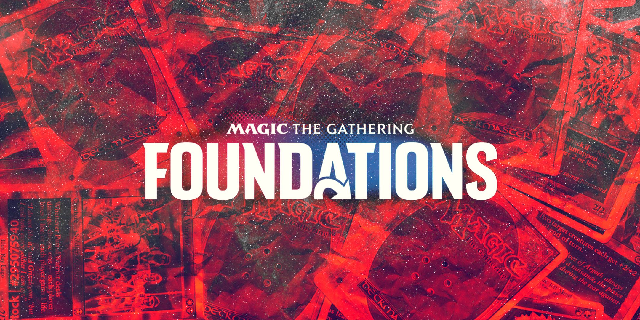 Magic The Gathering Foundations logo over pile of MTG cards