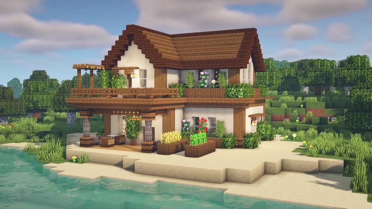 A Minecraft beach house built with a lot of natural elements like crops and shrubs, and a dark/light color scheme.