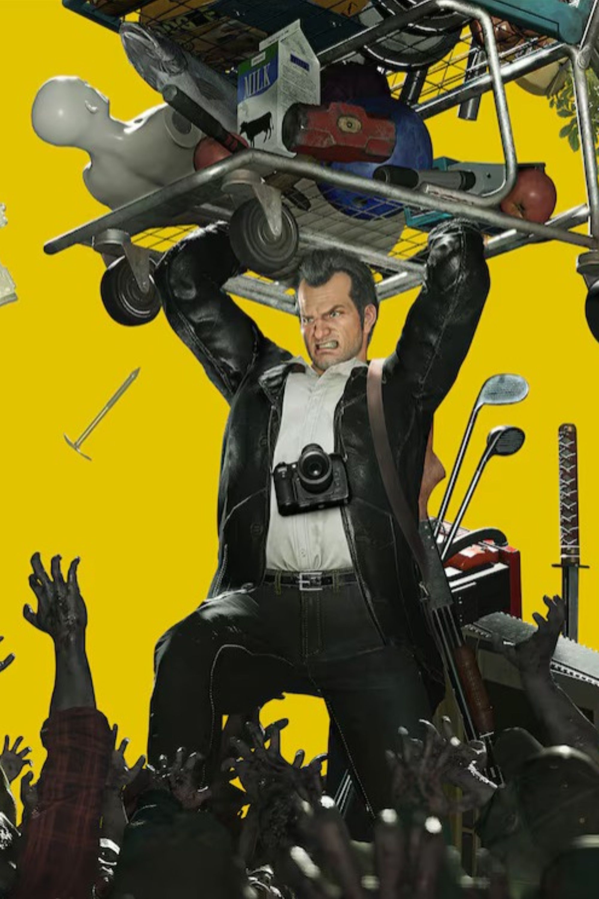 frank west holding a trolly over his head in dead rising deluxe remaster