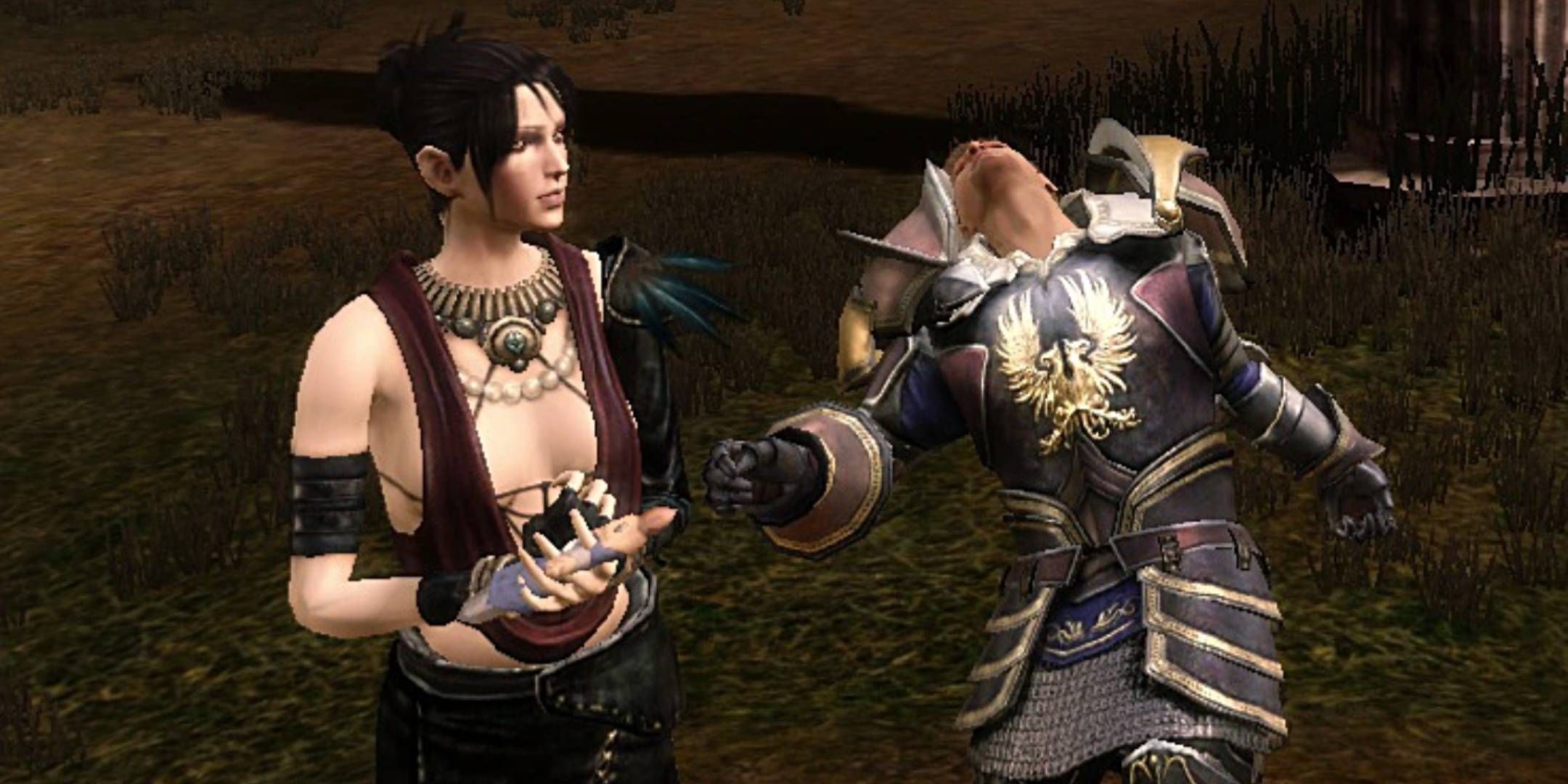 Morrigan injuring Alistair with the Alistair Doll in Dragon Age Origins.