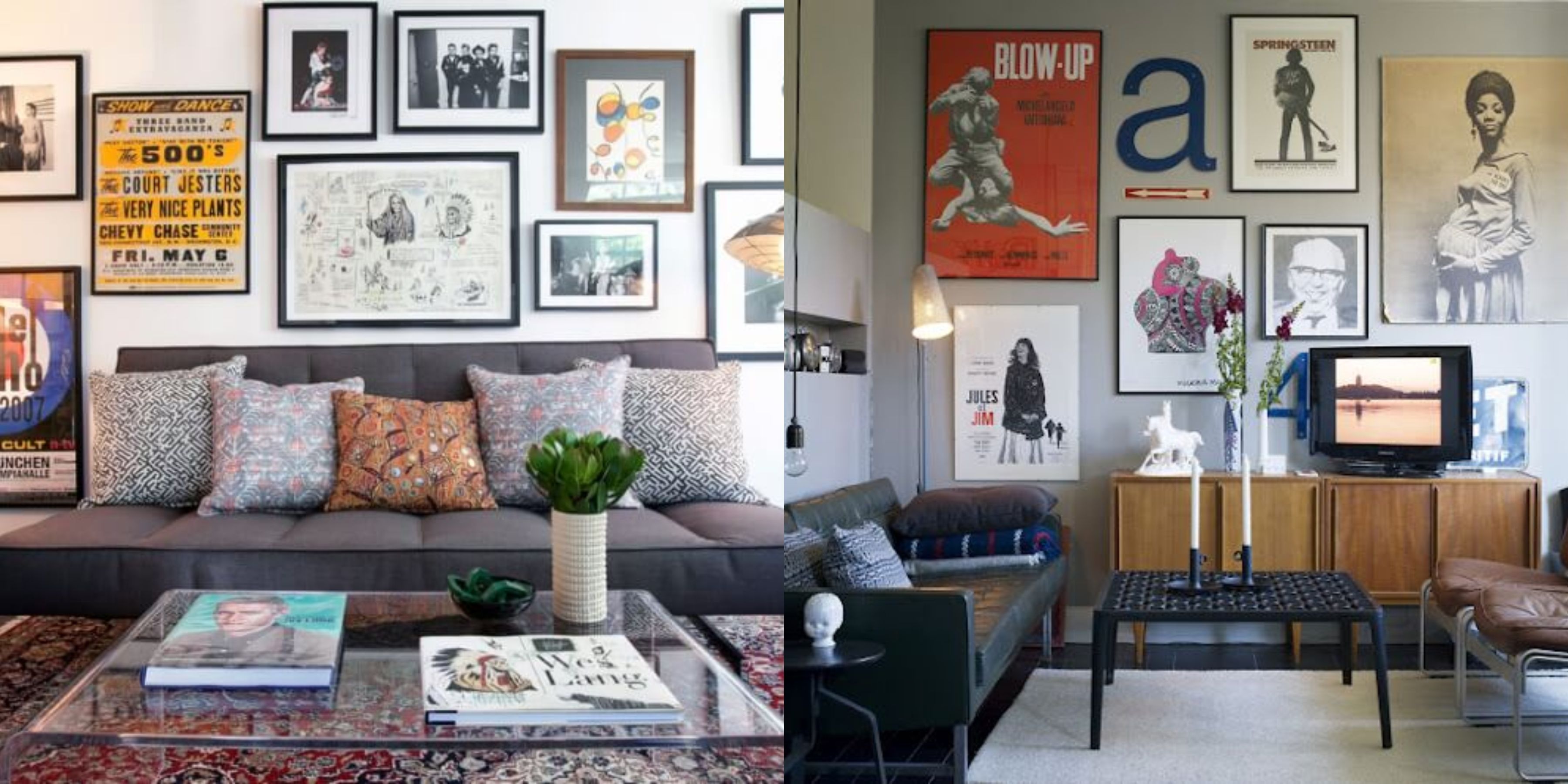 Image of poster collage wall with different sized movie and music posters