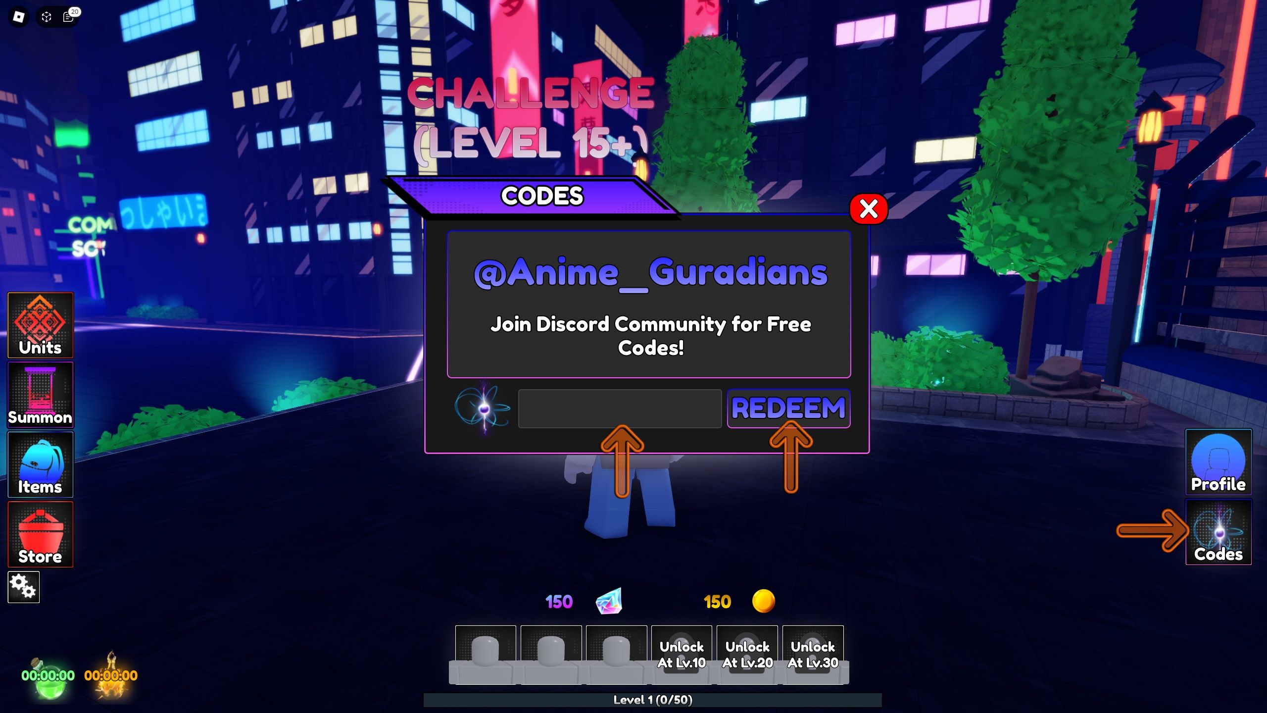 the codes box is open in Anime Guardians on Roblox