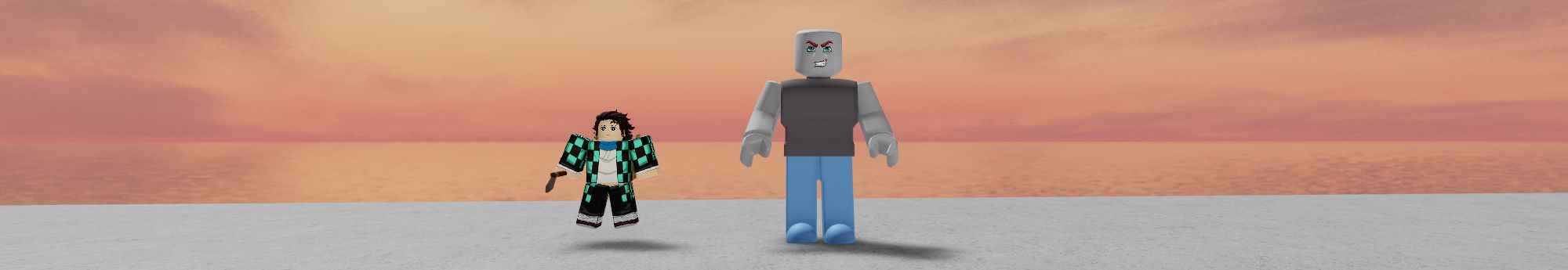a player next to a character in Demon Slayer Tower Defense Simulator on Roblox