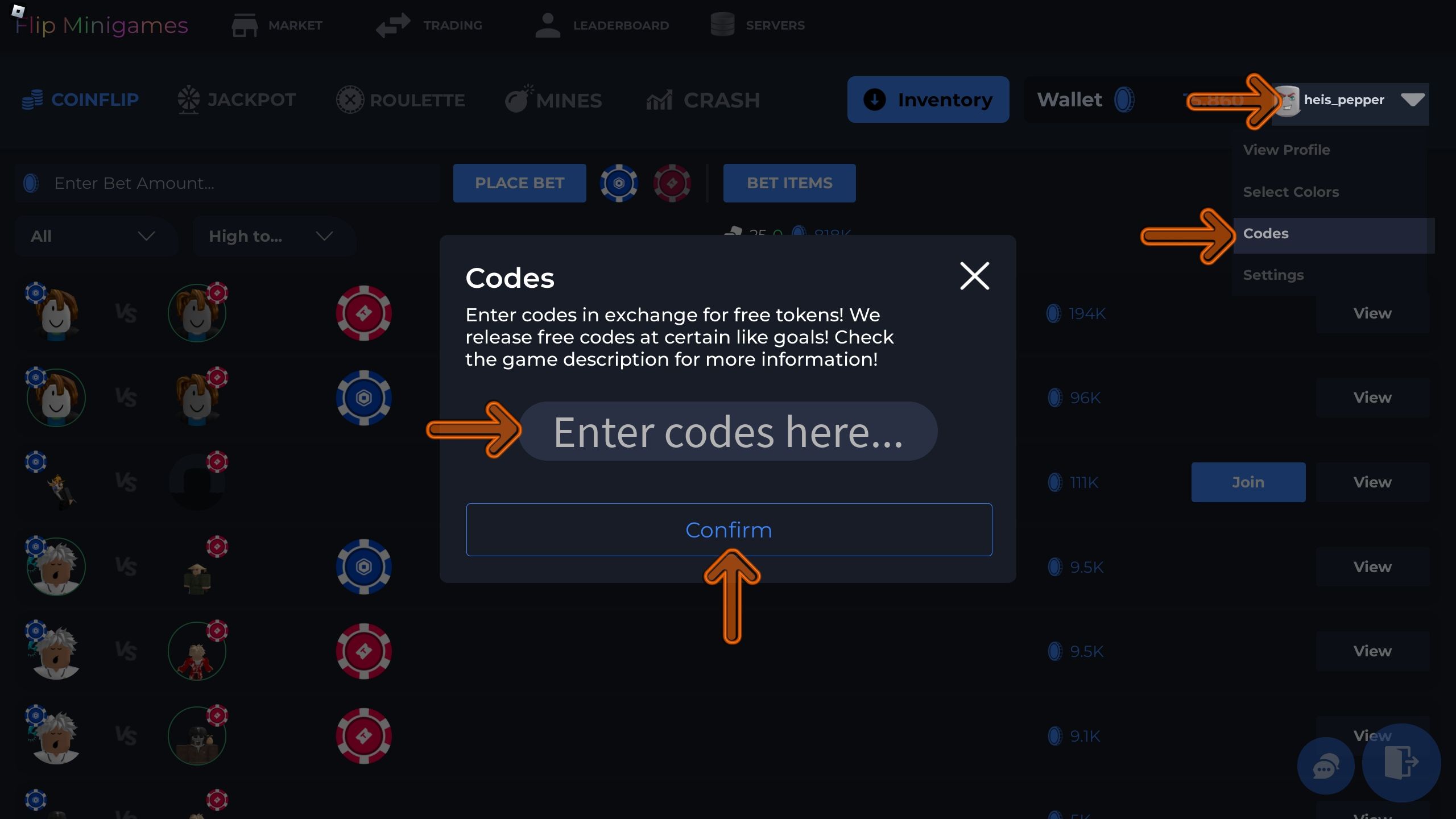 the codes box is open in Flip Minigames on Roblox