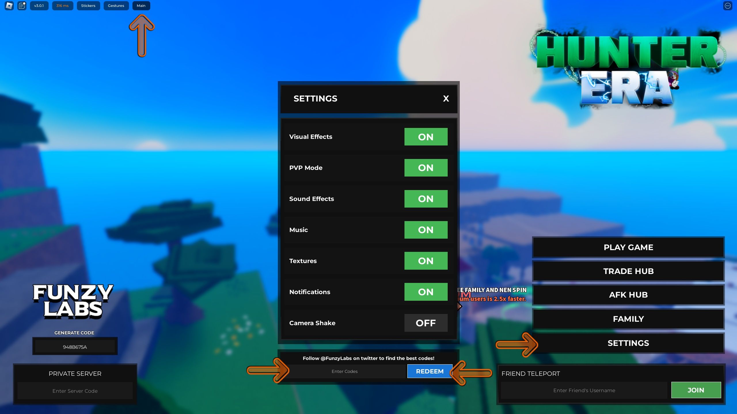 the settings menu is open in Hunter Era on Roblox