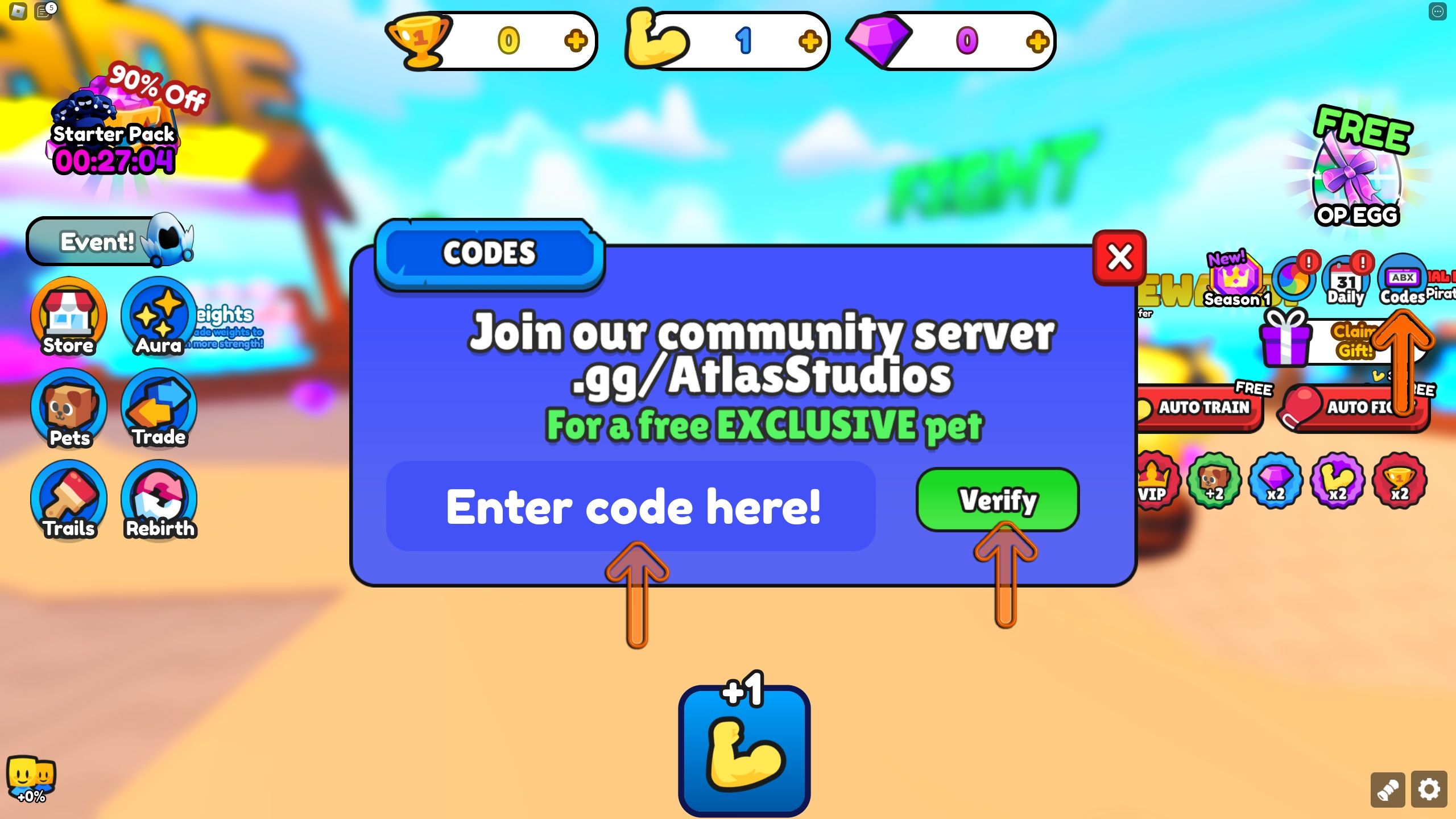 the codes box is open in Gym Battles on Roblox