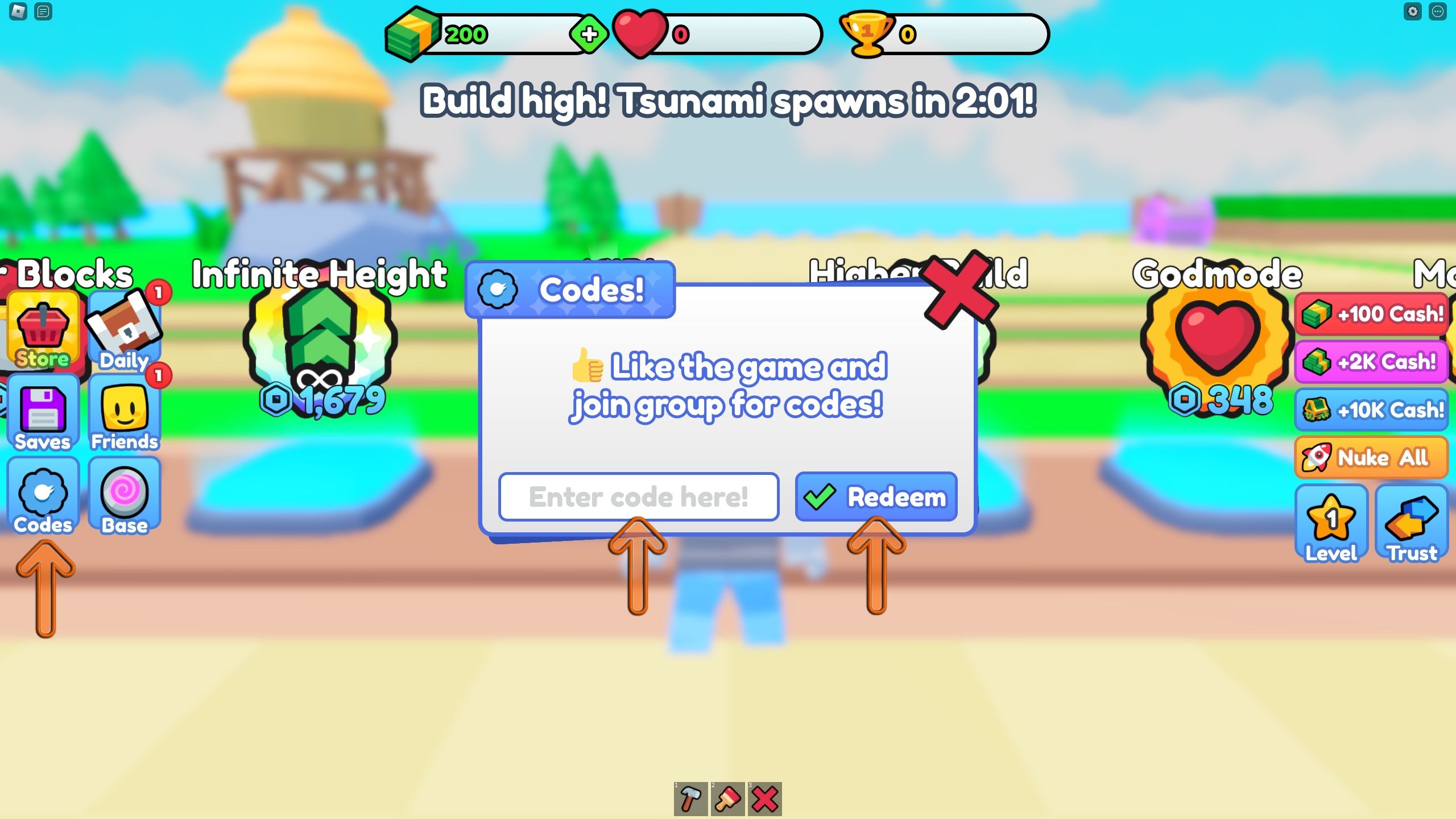 the codes box in Build and Survive Tsunami Roblox