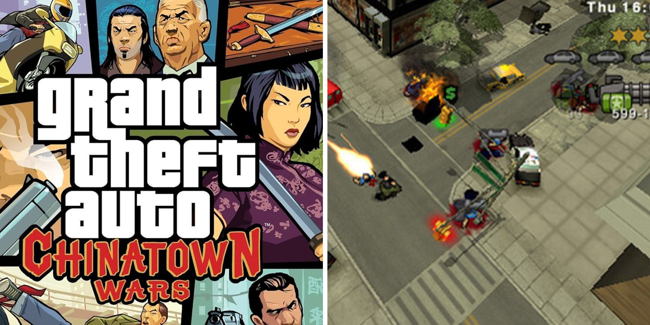 split image showing grand theft auto chinatown wars art with gameplay-1