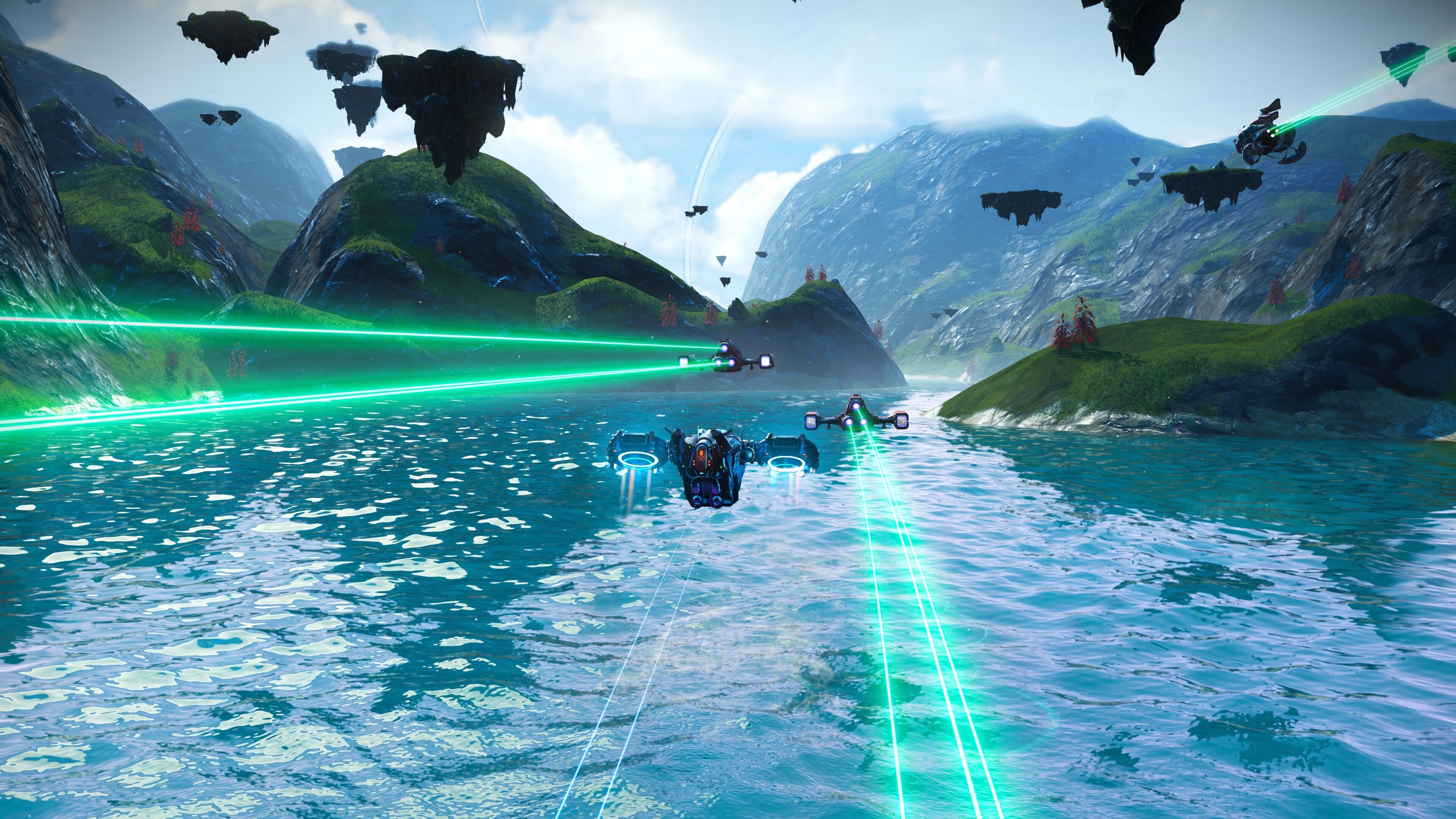 No Man's Sky - Three ships flying over an alien ocean