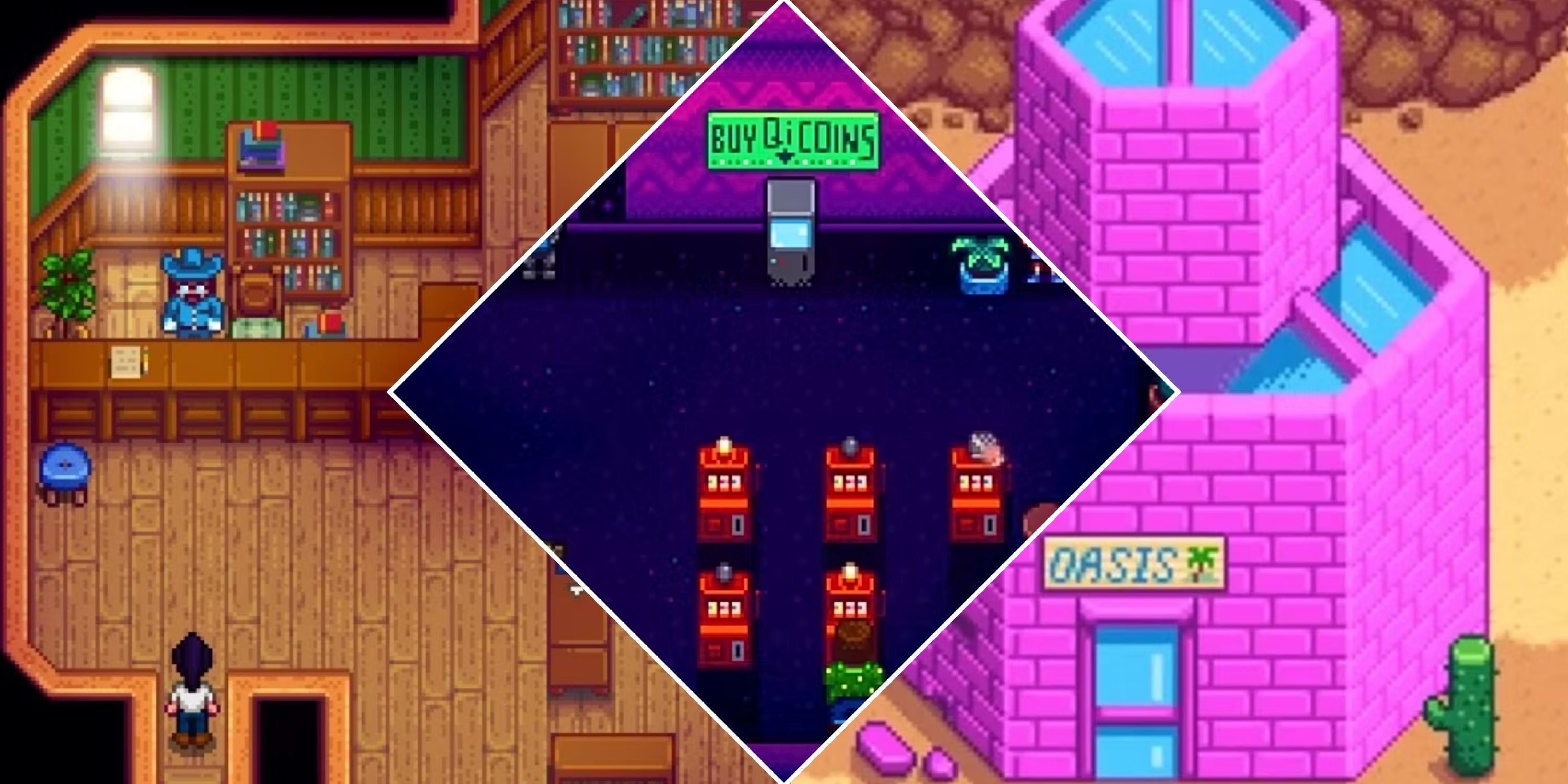 Stardew Valley collage image featuring Gunter in his museum, the Oassis shop, and the casino