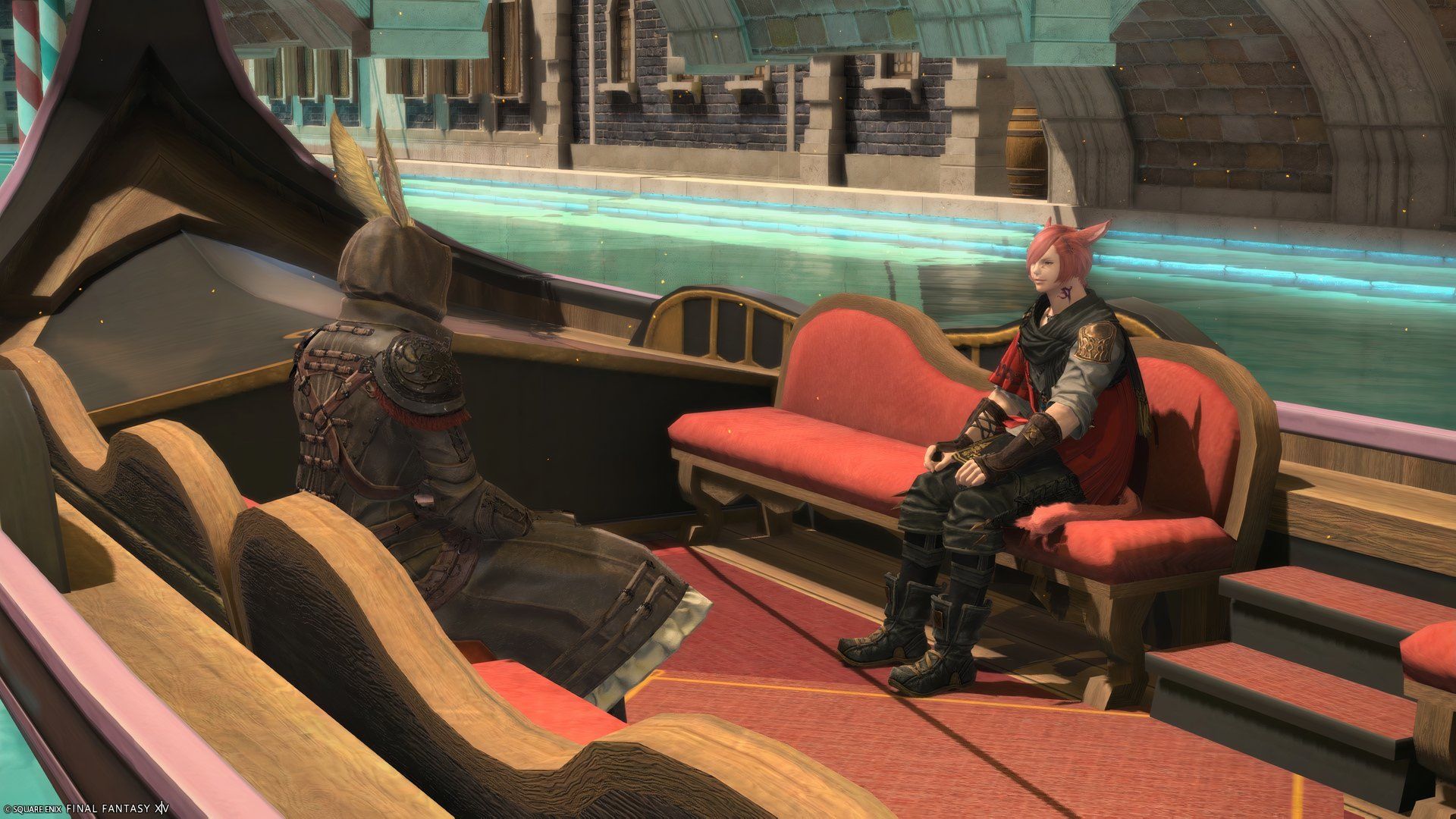 The player and G'raha Tia on a canal boat ride in Final Fantasy 14