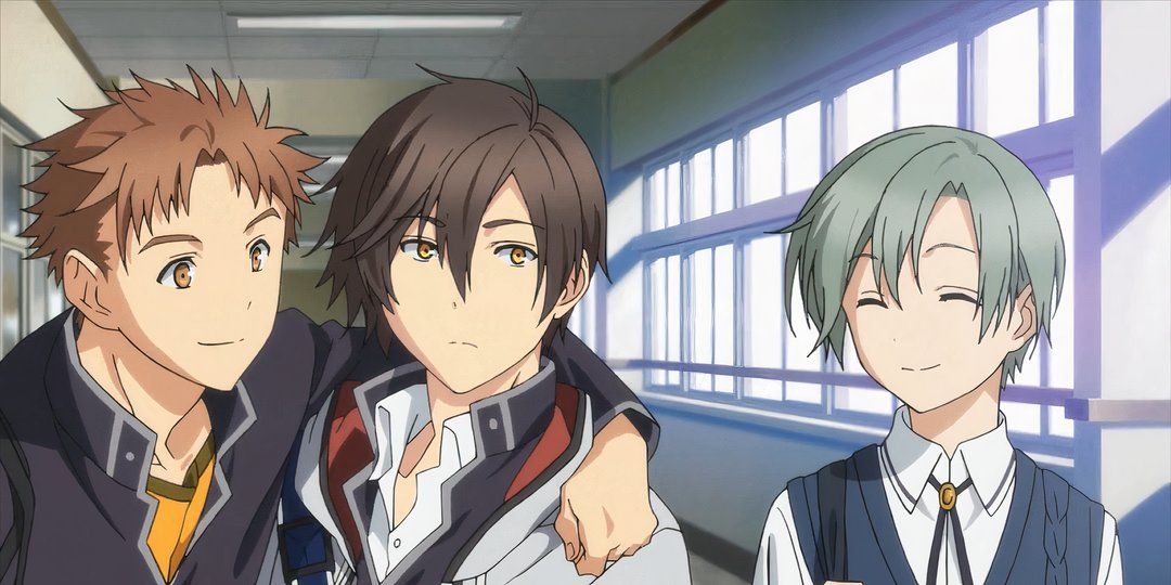 Kou with a friend's arm around his shoulder, while Jun smiles at them, in Tokyo Xanadu Ex+.