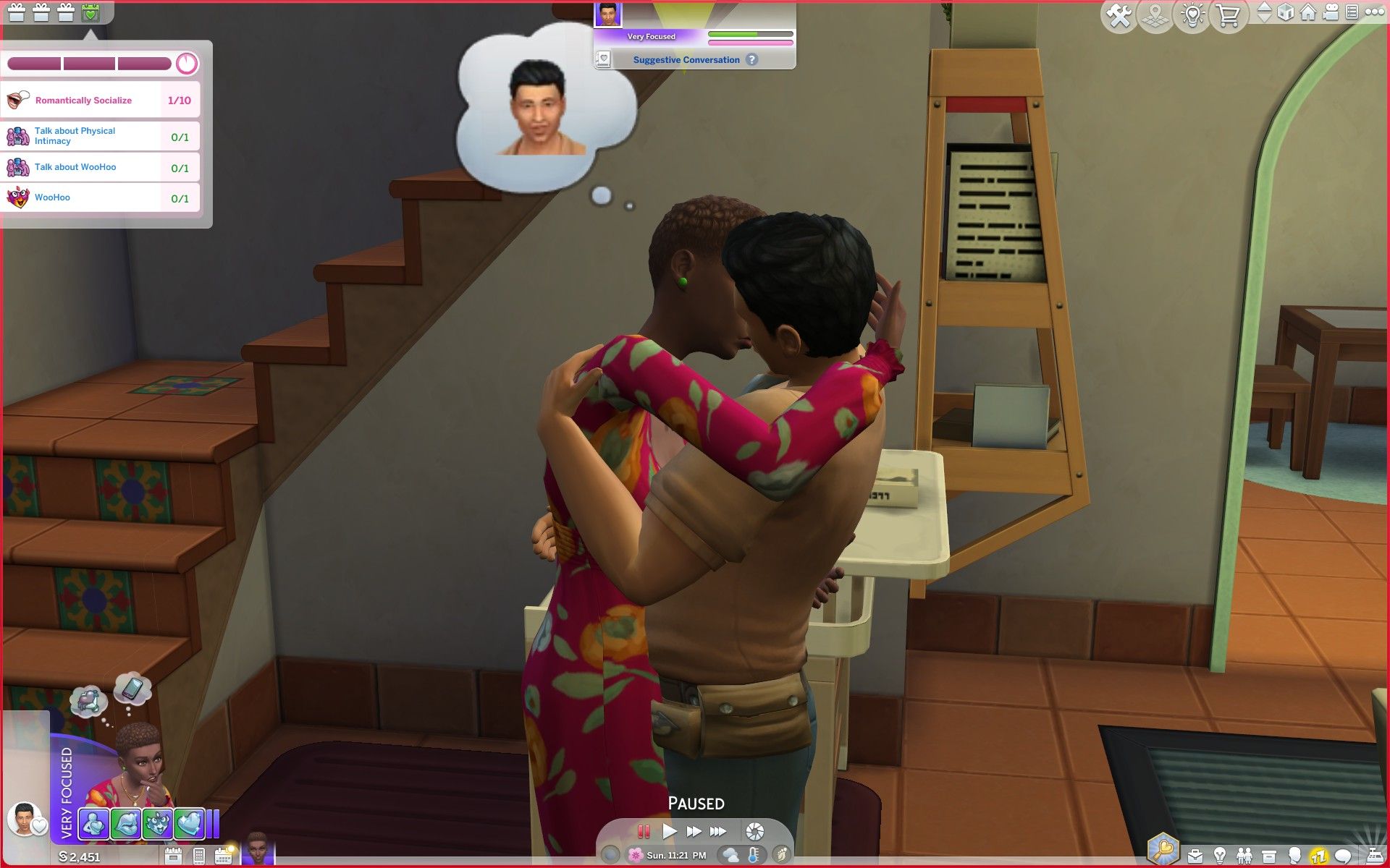 Two Sims kissing during a scored date event in The Sims 4 Lovestruck.