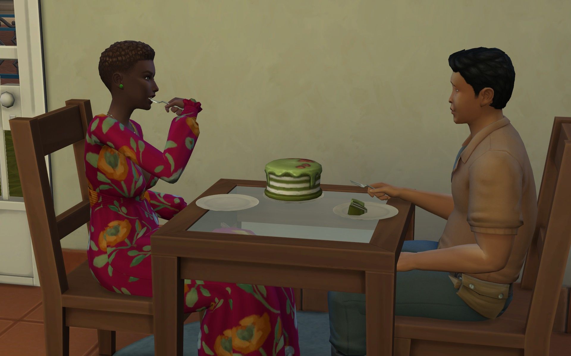 Two Sims on a date eating cake in The Sims 4 Lovestruck.