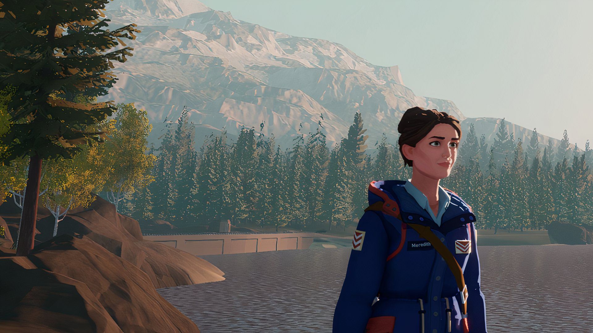 Lake Game background with mountains and a character on the right