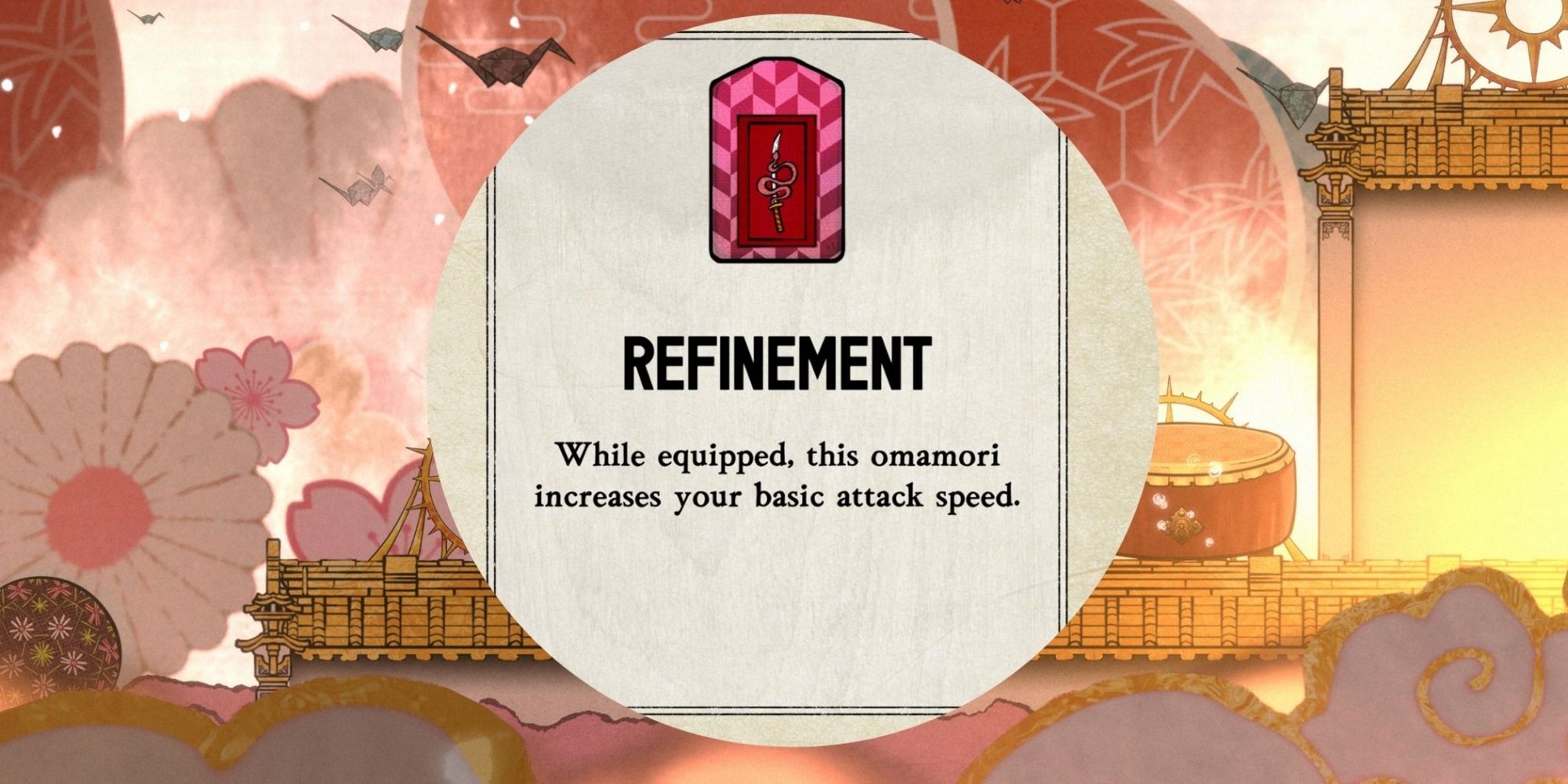 Refinement Omamori on dreamlike sakura background in Bo and the Path of the Teal Lotus.