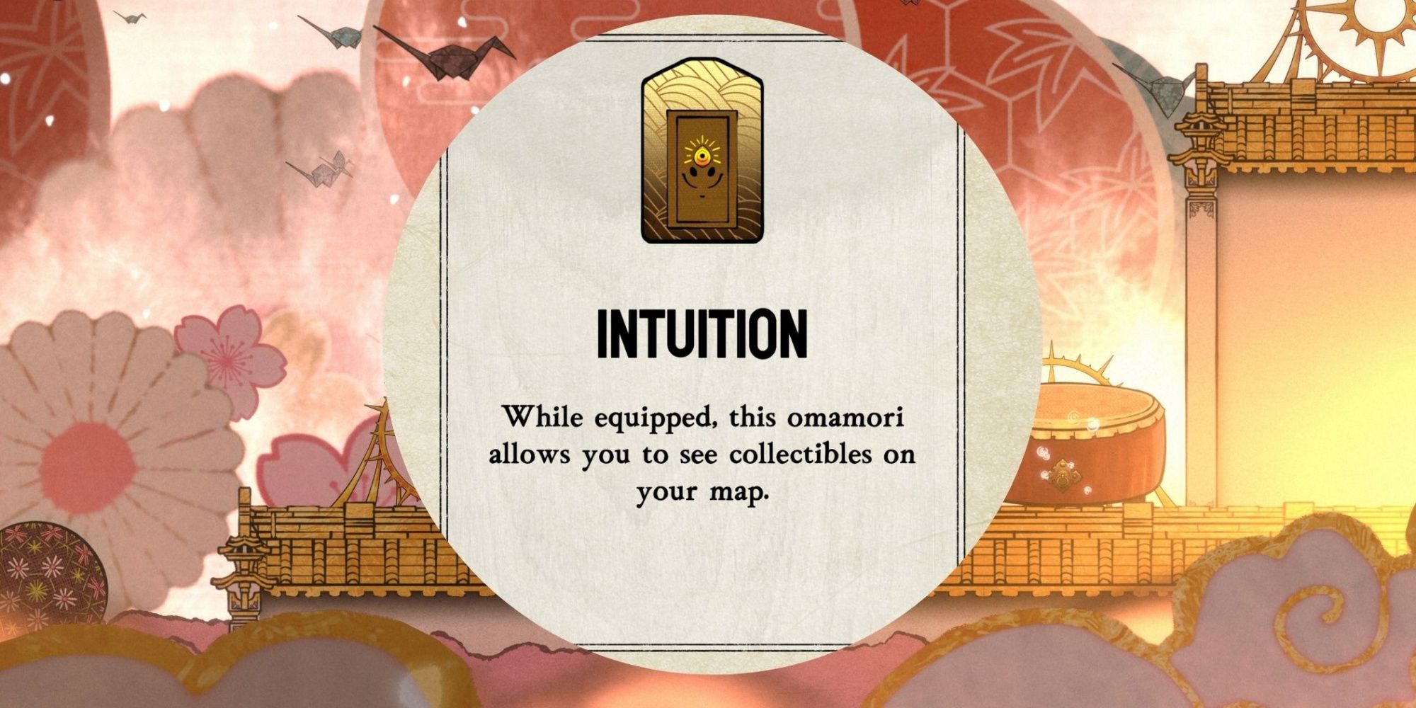 Intuition Omamori on a dreamlike sakura background in Bo Path of the Teal Lotus.