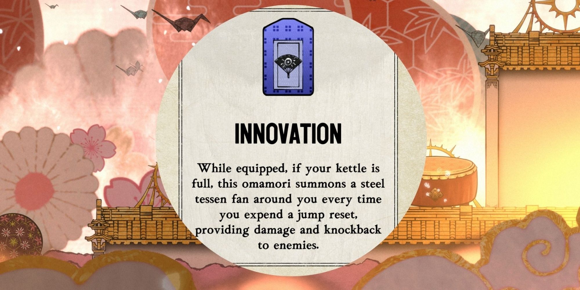 Innovation Omamori on a dreamlike sakura background in Bo Path of the Teal Lotus.
